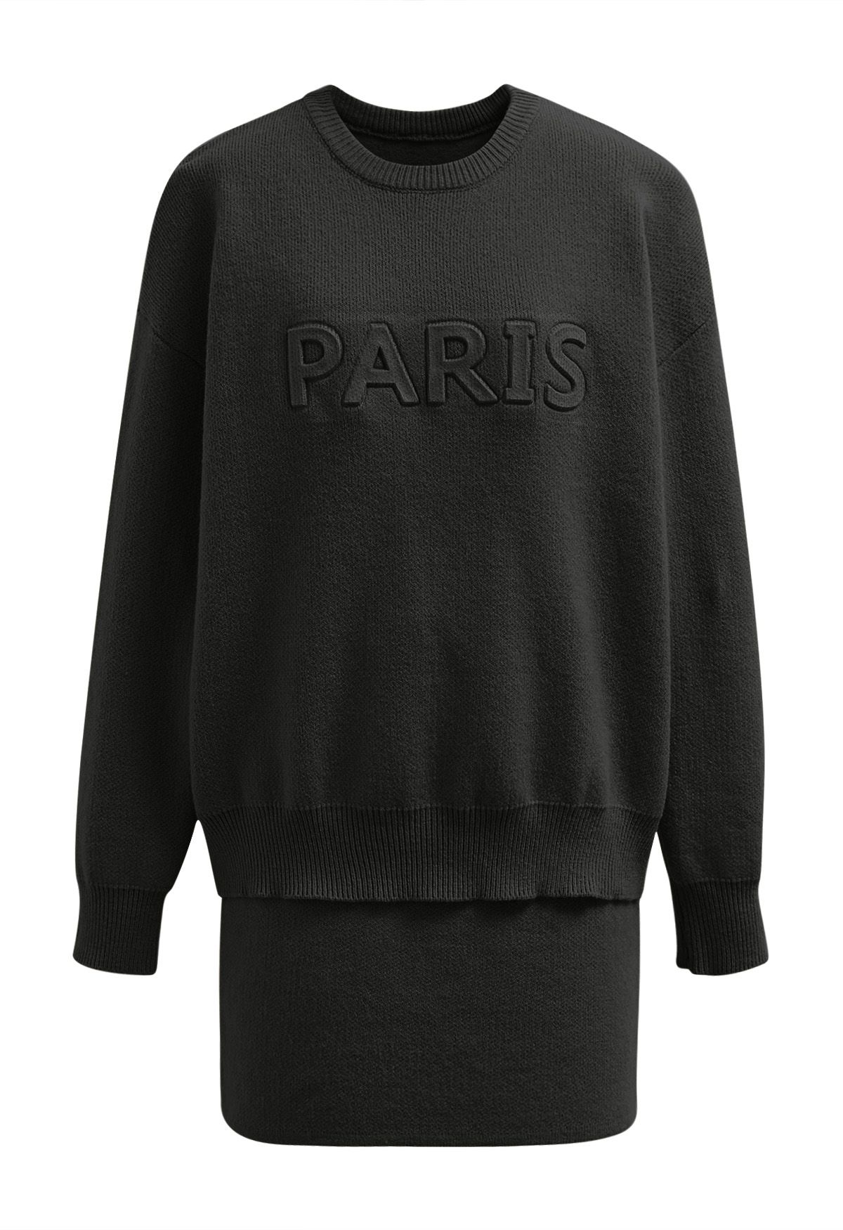 Paris Letter Knit Sweater and Skirt Set in Black