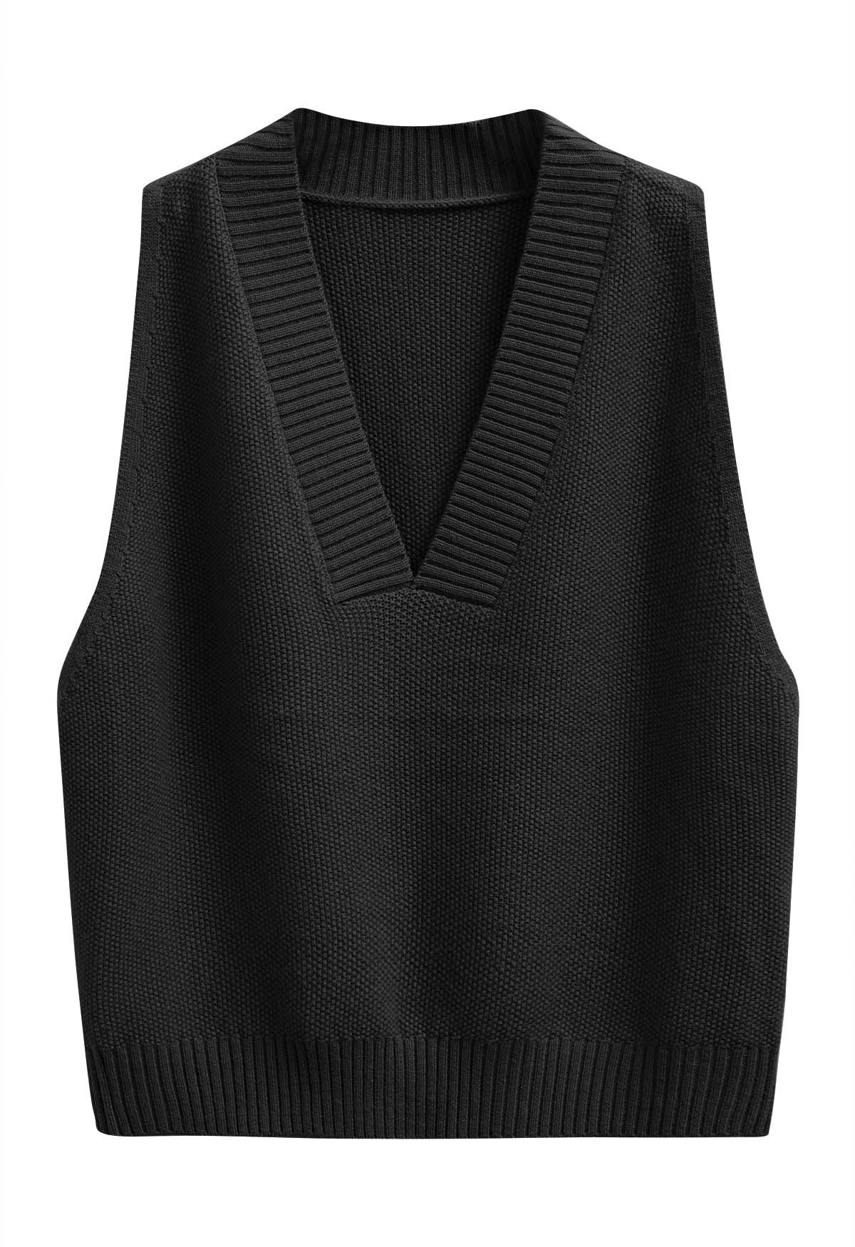 Casual Comfort V-Neck Knit Vest in Black