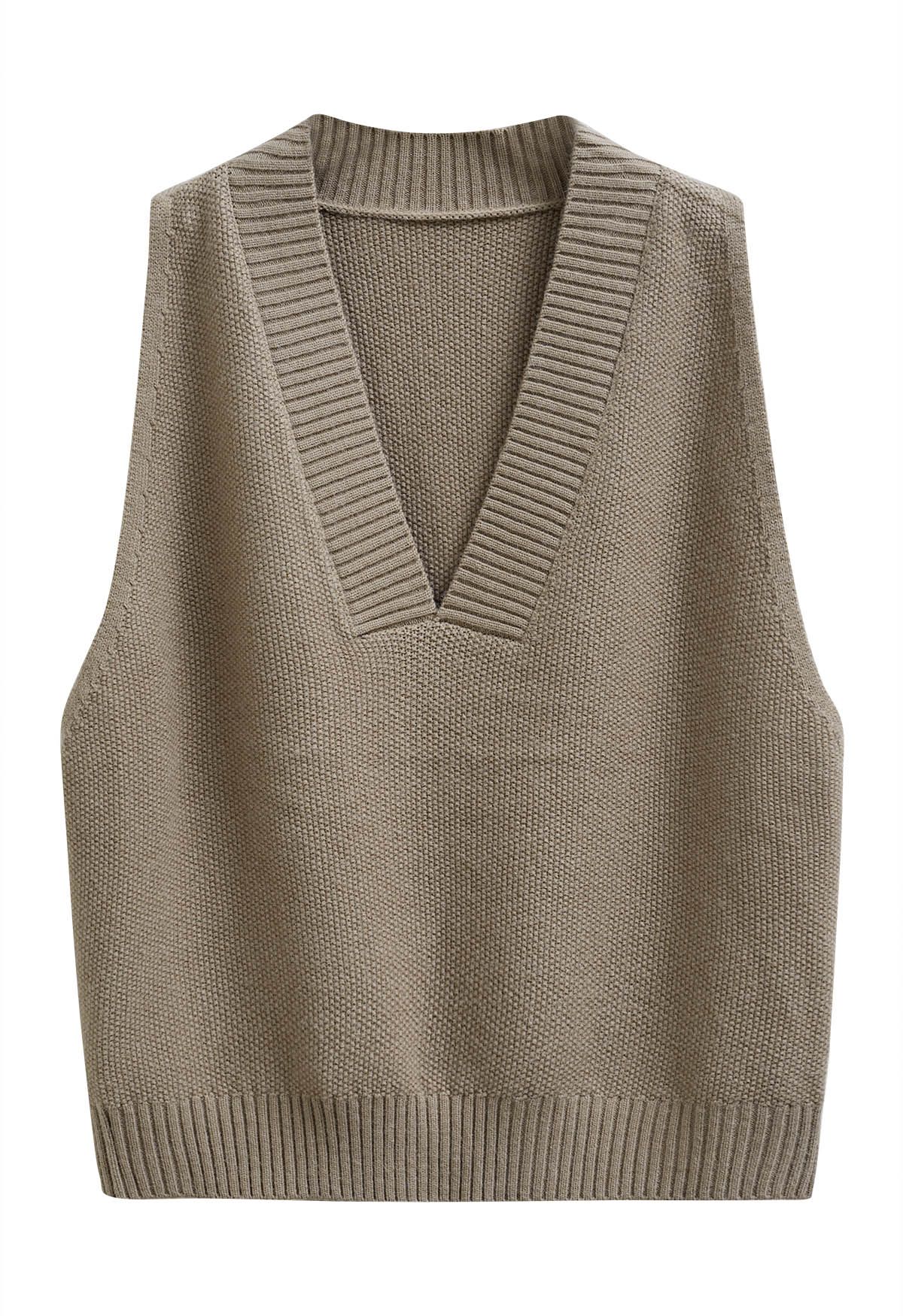 Casual Comfort V-Neck Knit Vest in Khaki