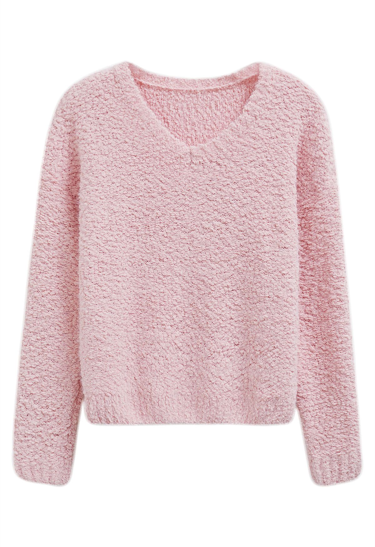 Snug V-Neck Fuzzy Knit Sweater in Pink