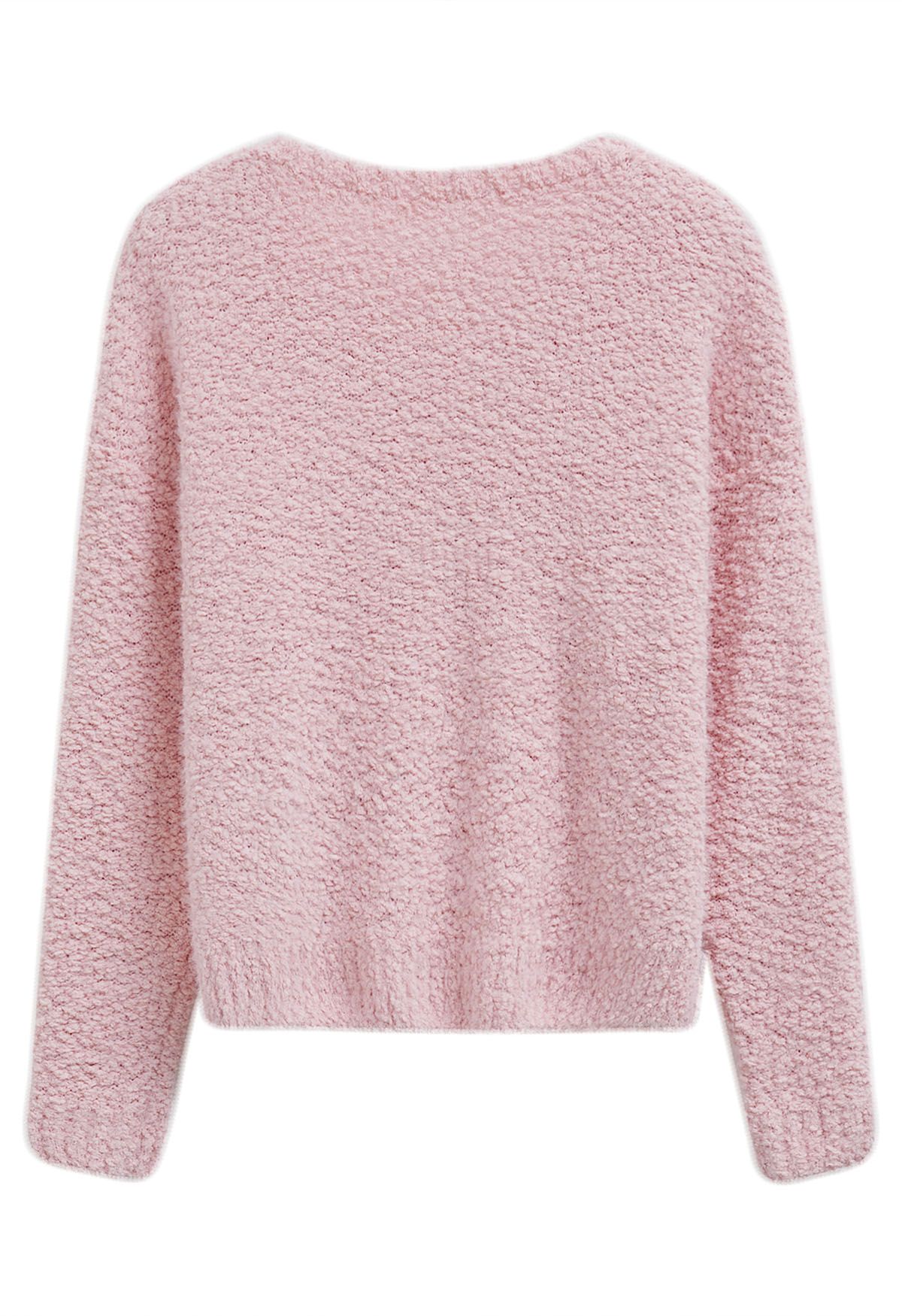 Snug V-Neck Fuzzy Knit Sweater in Pink