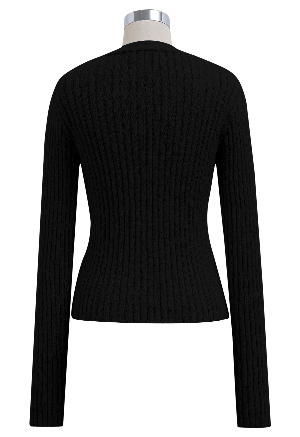 Button Trim Slit Hem Ribbed Knit Top in Black