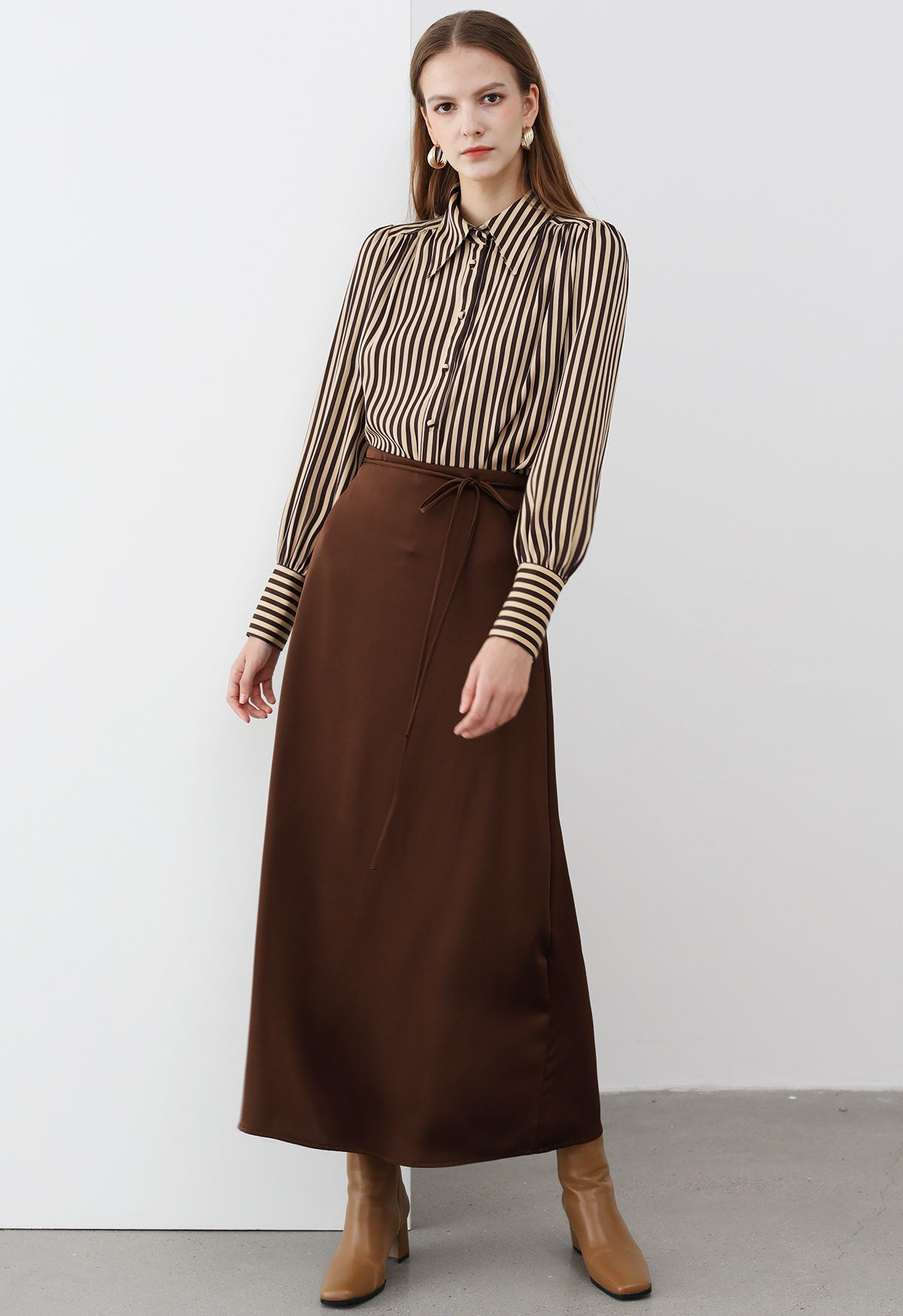 Tie String Satin Maxi Skirt in Brown