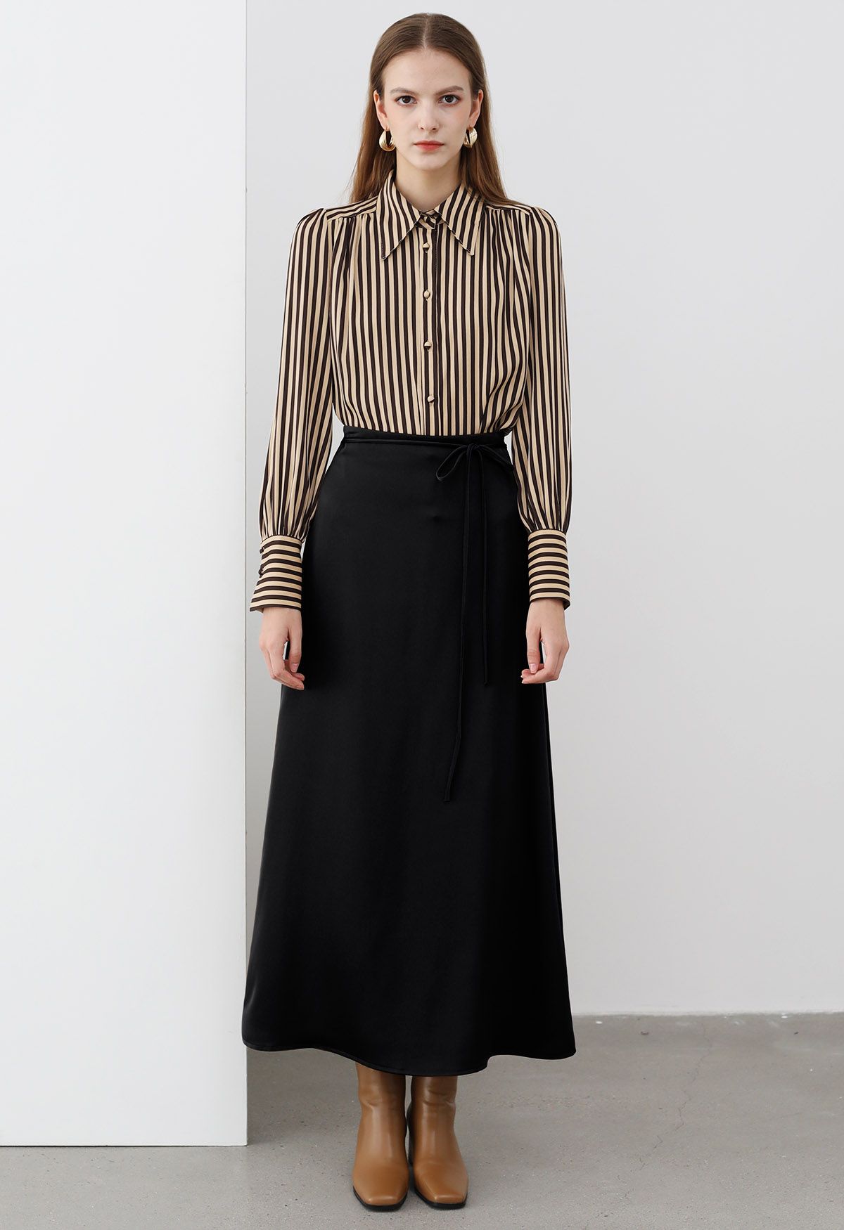 Tie String Satin Maxi Skirt in Black