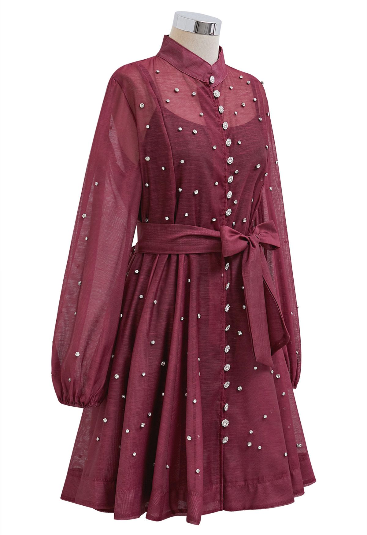 Rhinestone Decor Button Tie-Sash Organza Dress in Burgundy