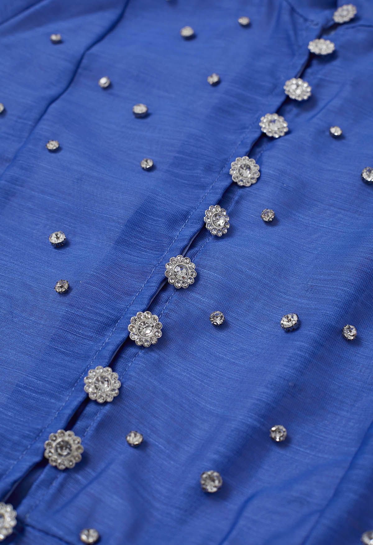 Rhinestone Decor Button Tie-Sash Organza Dress in Blue