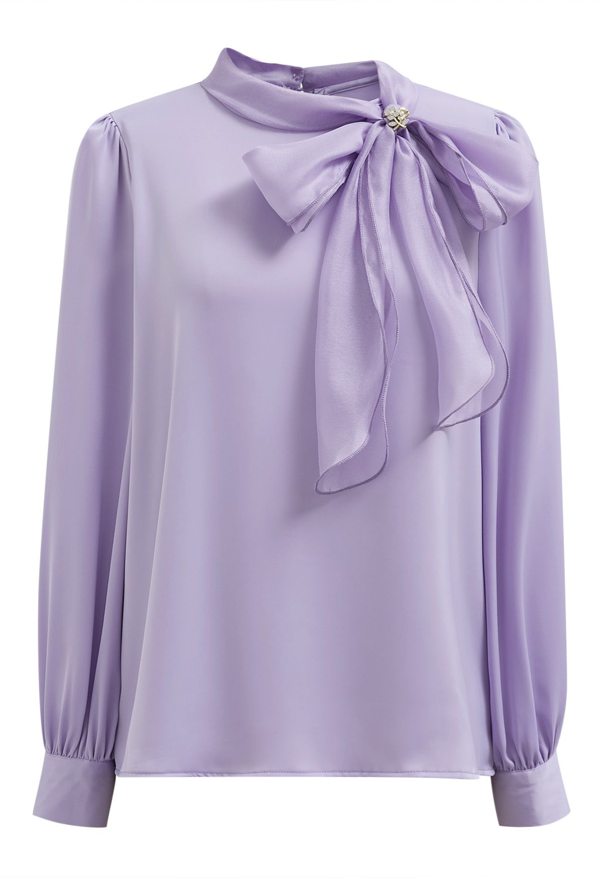 Self-Tie Bowknot Floral Brooch Satin Shirt in Lavender