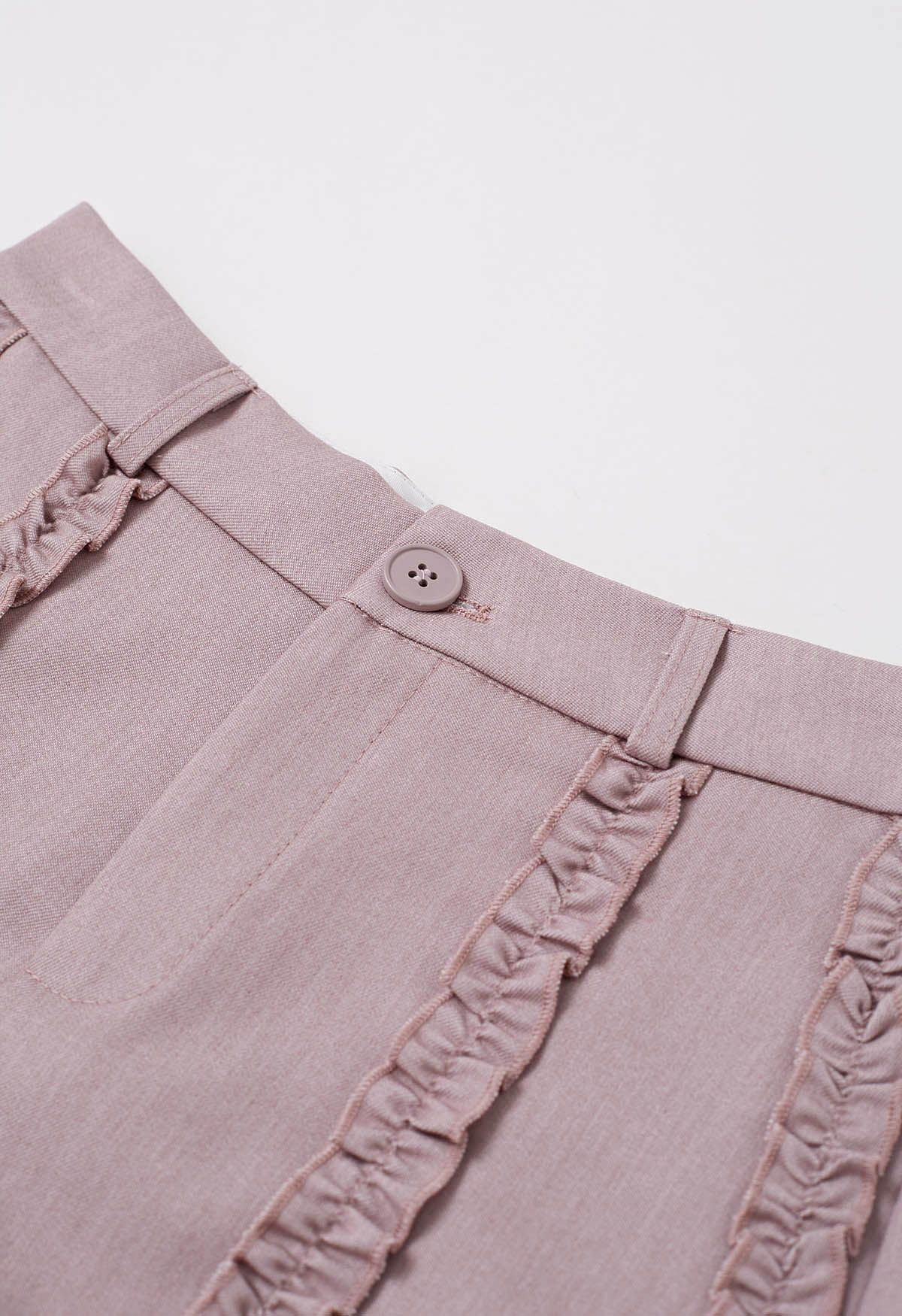 Leisurely Ruffled Trim Buttoned Shorts in Dusty Pink