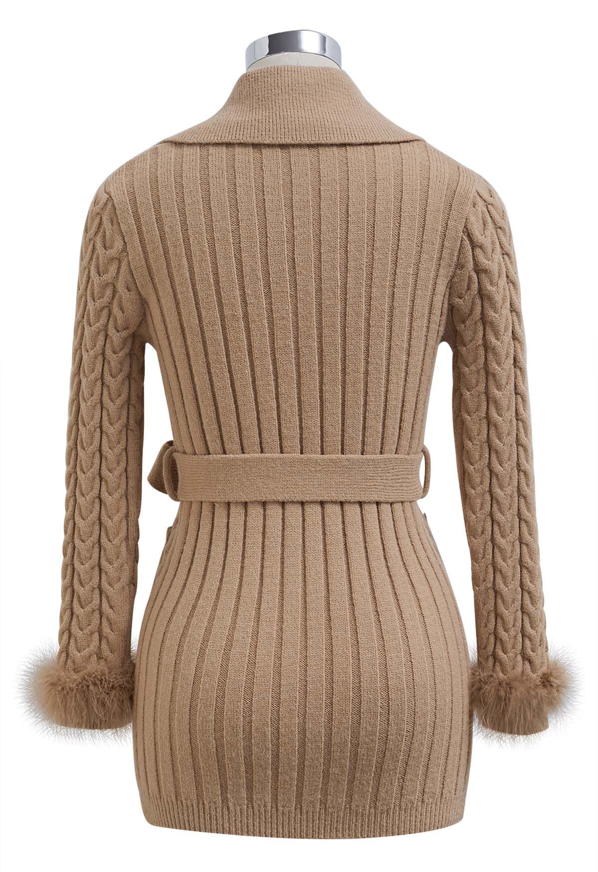 Feather Cuffs Belted Cable Knit Mini Dress in Tan