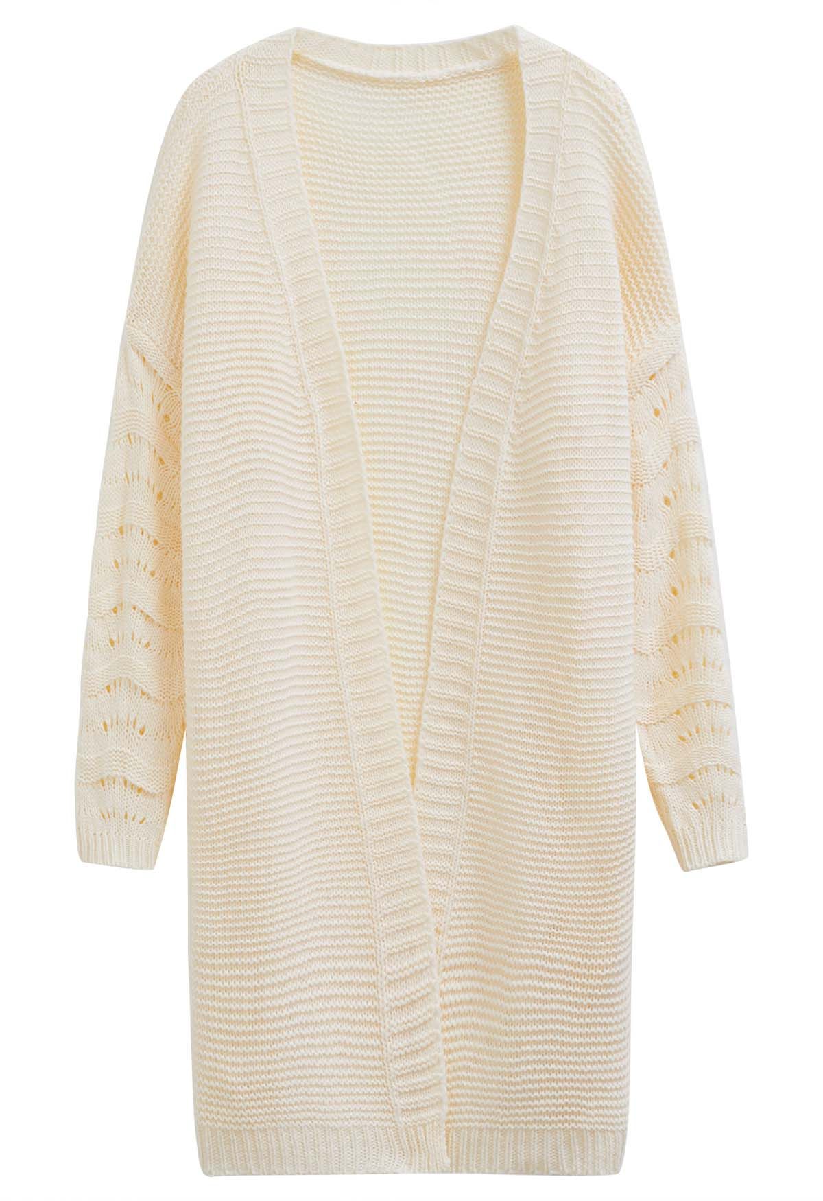 Pointelle Sleeve Open Front Longline Cardigan in Cream