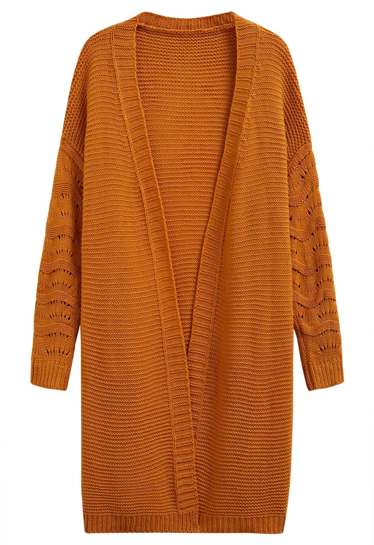 Pointelle Sleeve Open Front Longline Cardigan in Pumpkin