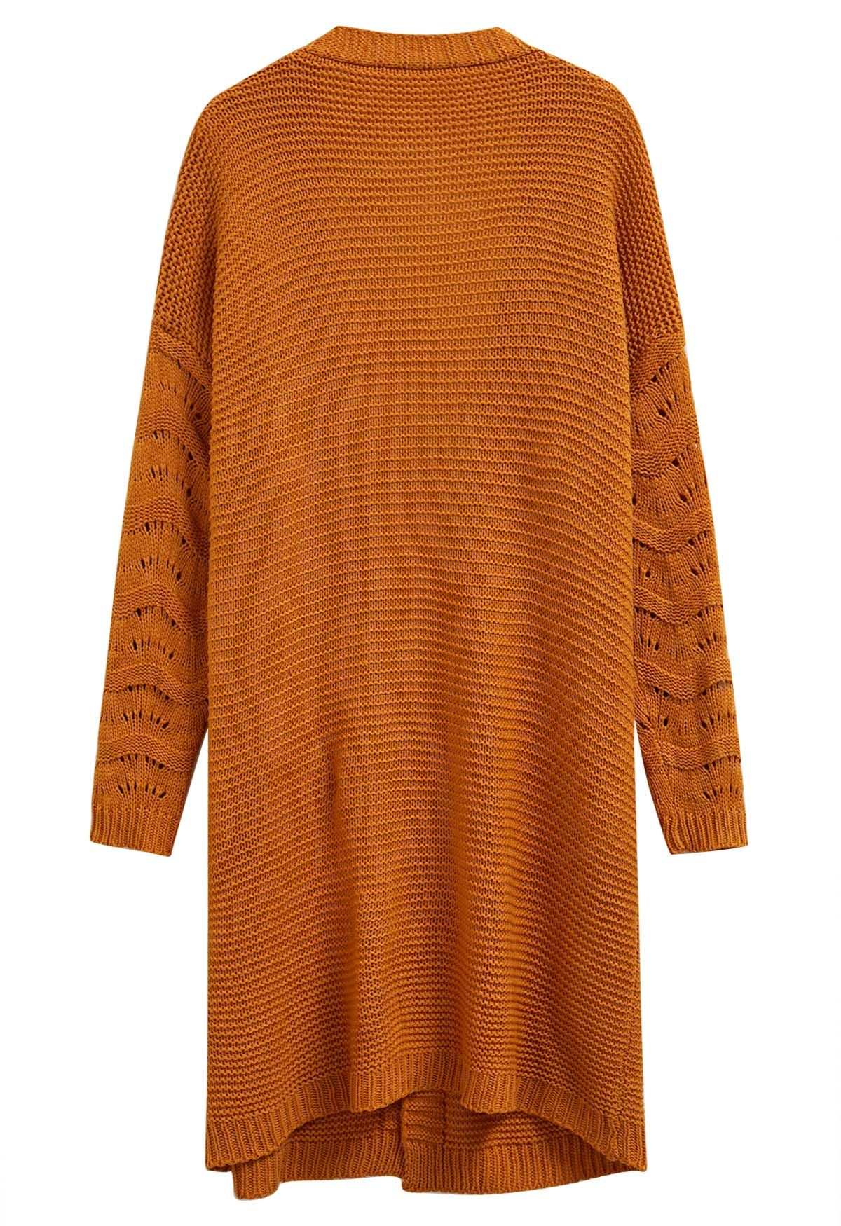 Pointelle Sleeve Open Front Longline Cardigan in Pumpkin