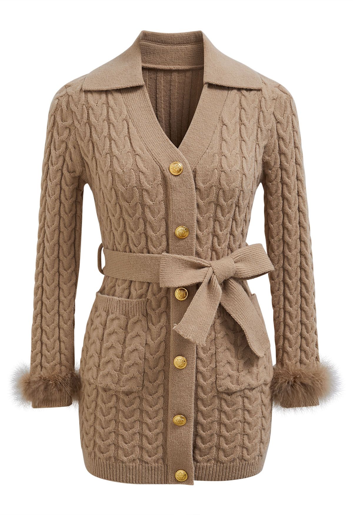 Feather Cuffs Belted Cable Knit Mini Dress in Tan