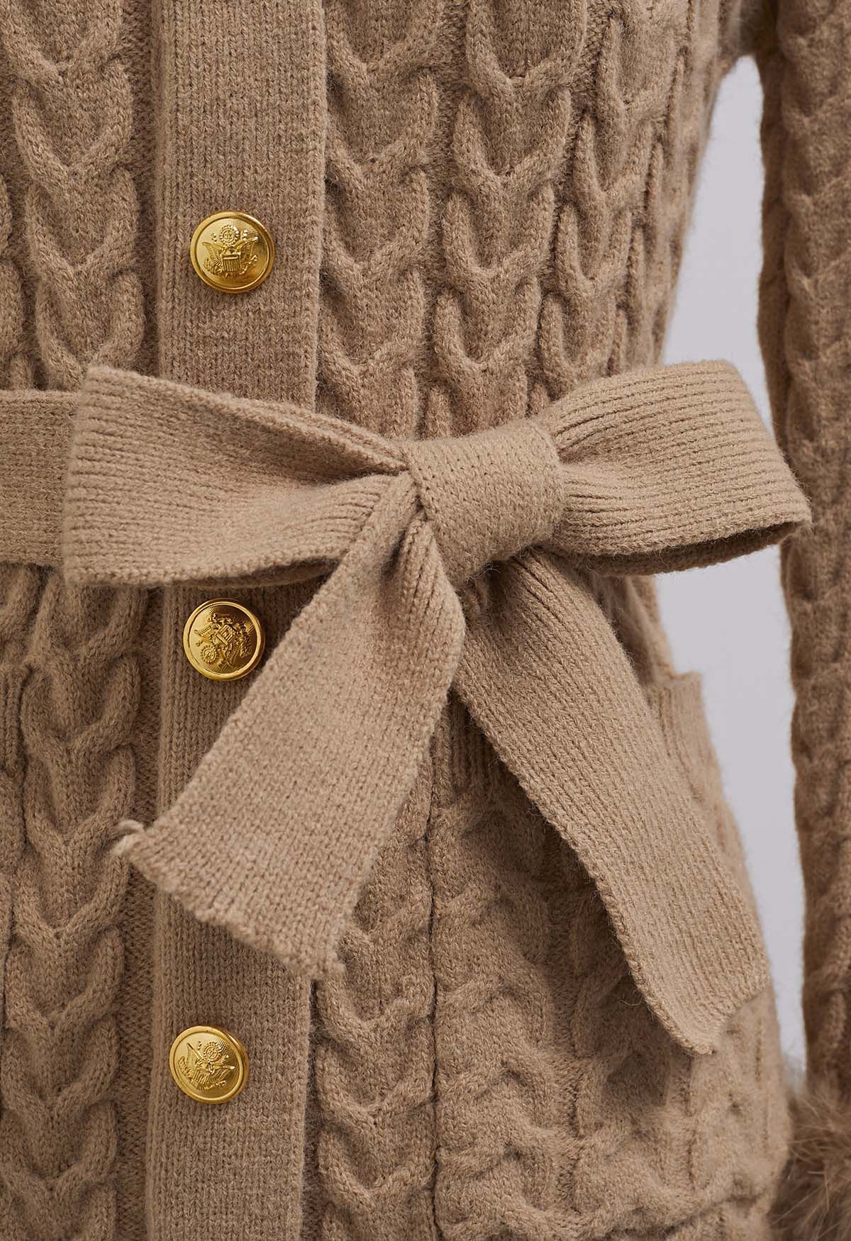 Feather Cuffs Belted Cable Knit Mini Dress in Tan