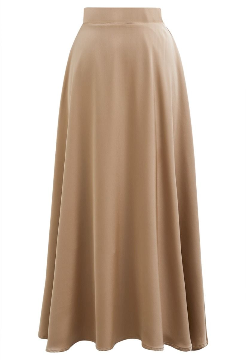 Timeless Elegance Satin A-Line Maxi Skirt in Tan