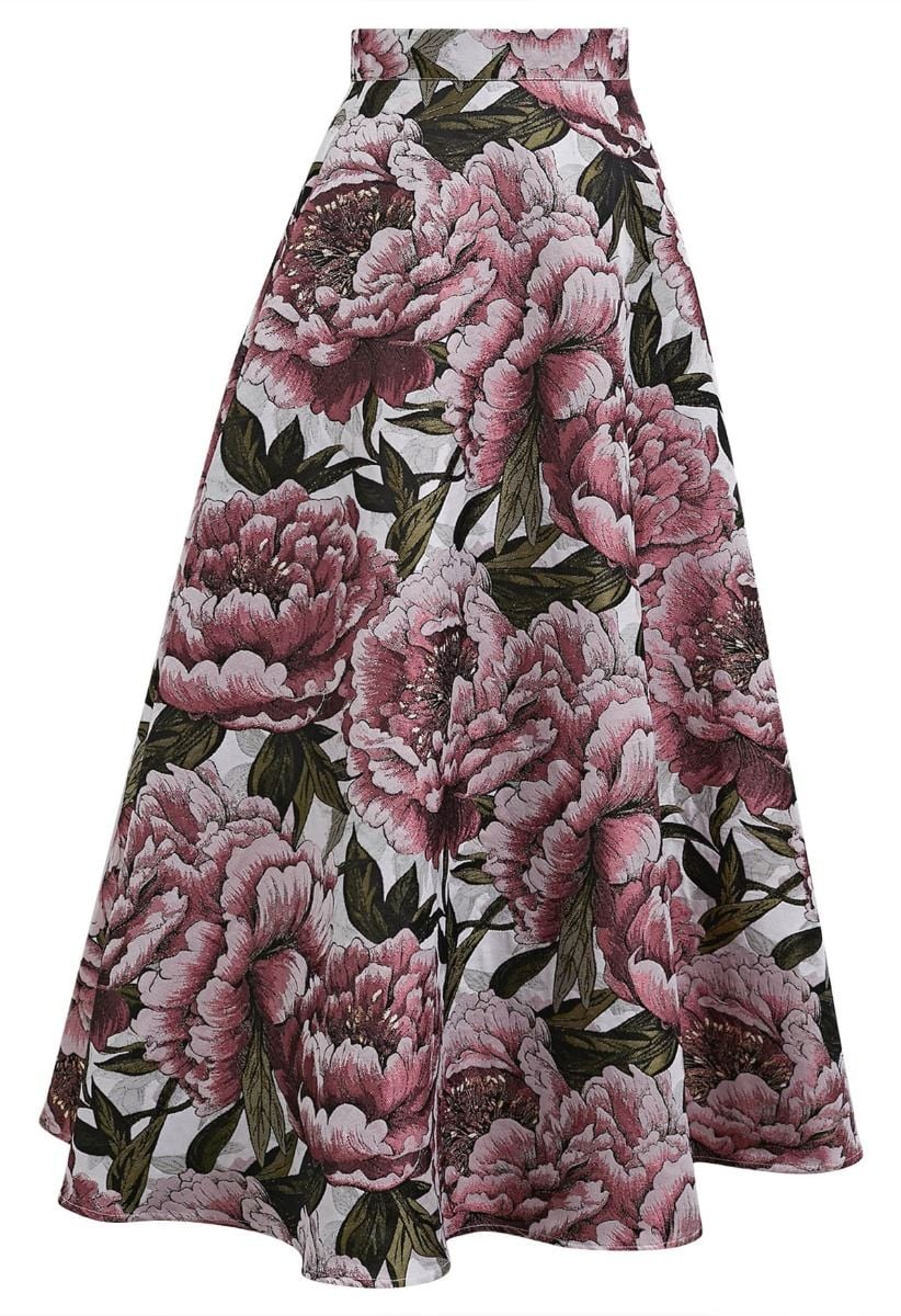 Graceful Pink Peony Jacquard A-Line Maxi Skirt