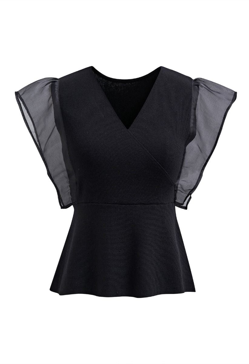 Organza Spliced Sleeveless Faux Wrap Knit Top in Black