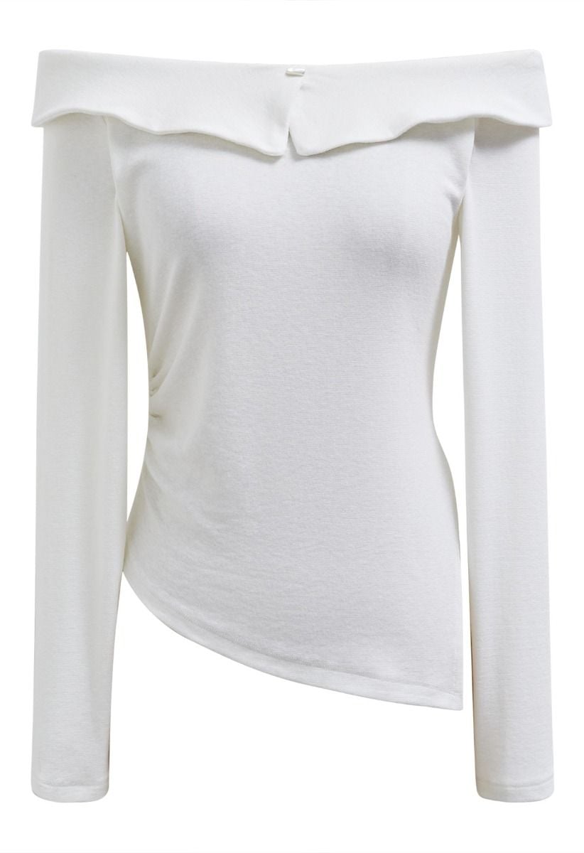 Flap Off-Shoulder Asymmetric Ruched Top in White