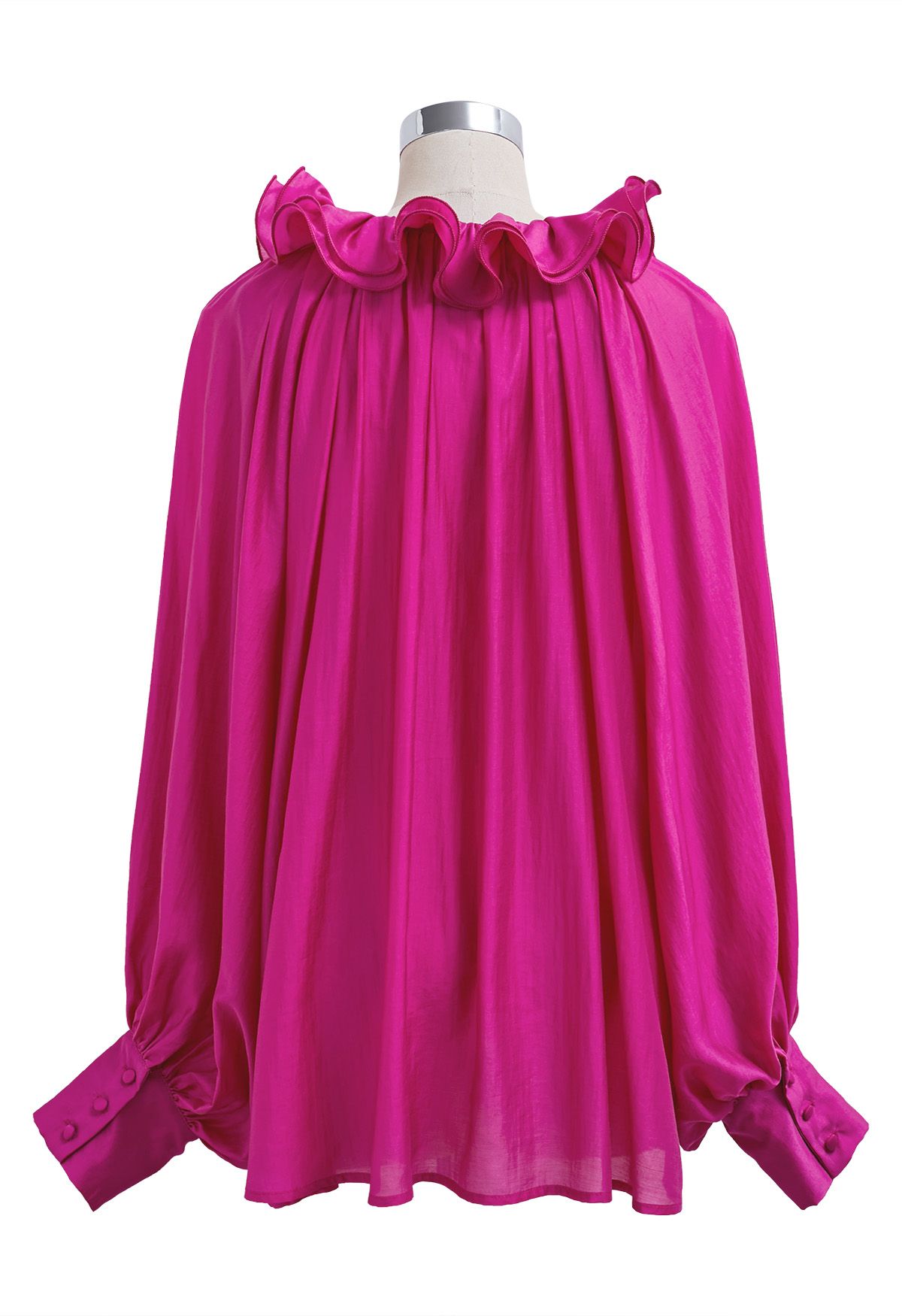 Tiered Ruffle Neckline Bowknot Lantern Sleeves Dolly Top in Magenta