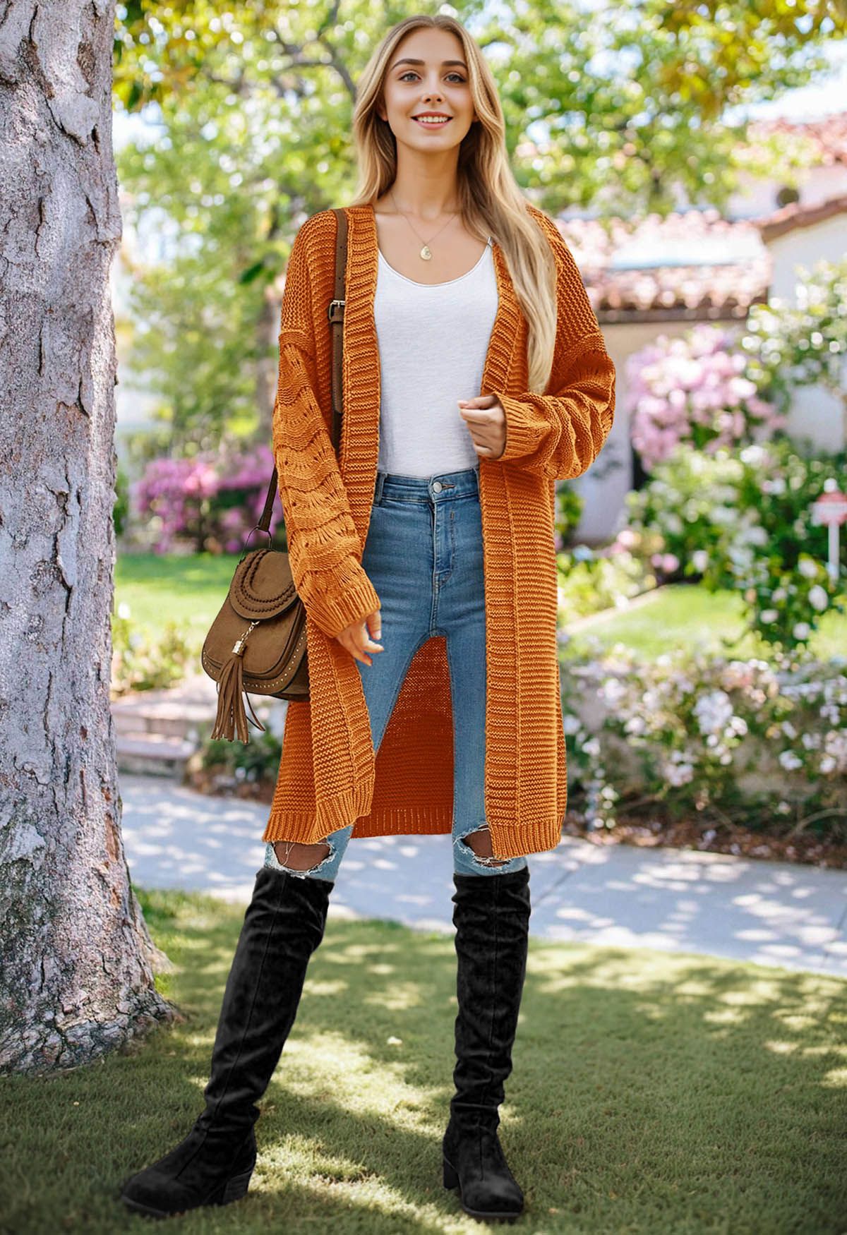 Pointelle Sleeve Open Front Longline Cardigan in Pumpkin