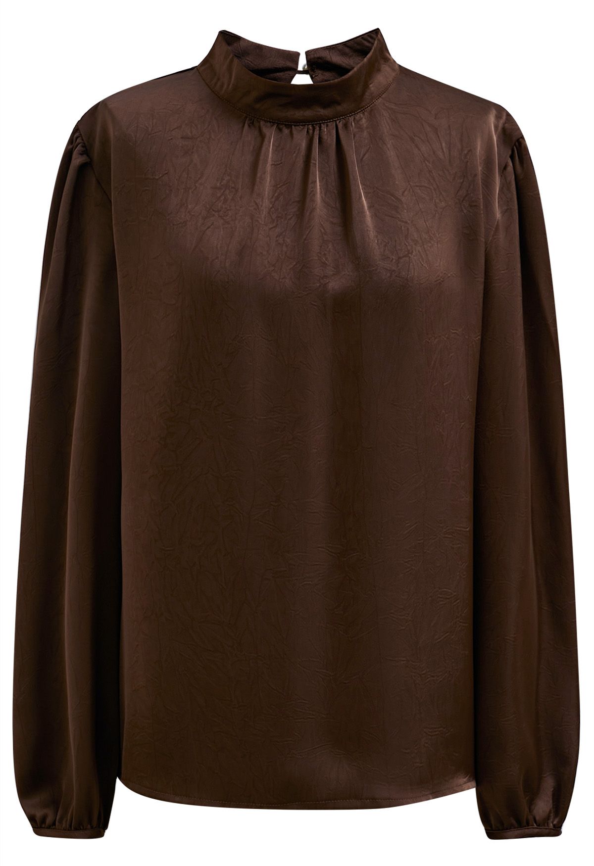 Tie Waist Bubble Sleeve Texture Top in Brown