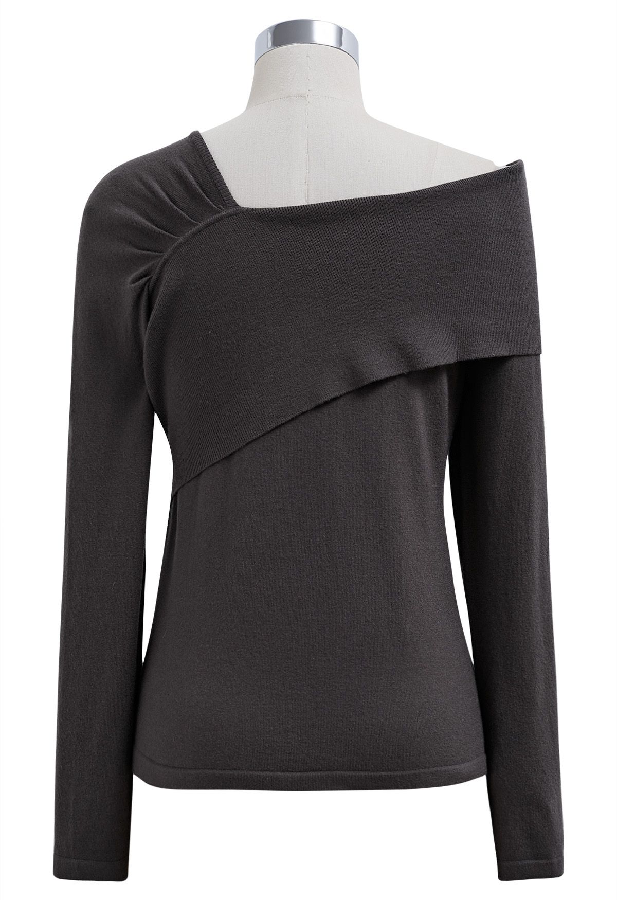 Asymmetric Folded Shoulder Knit Top in Smoke