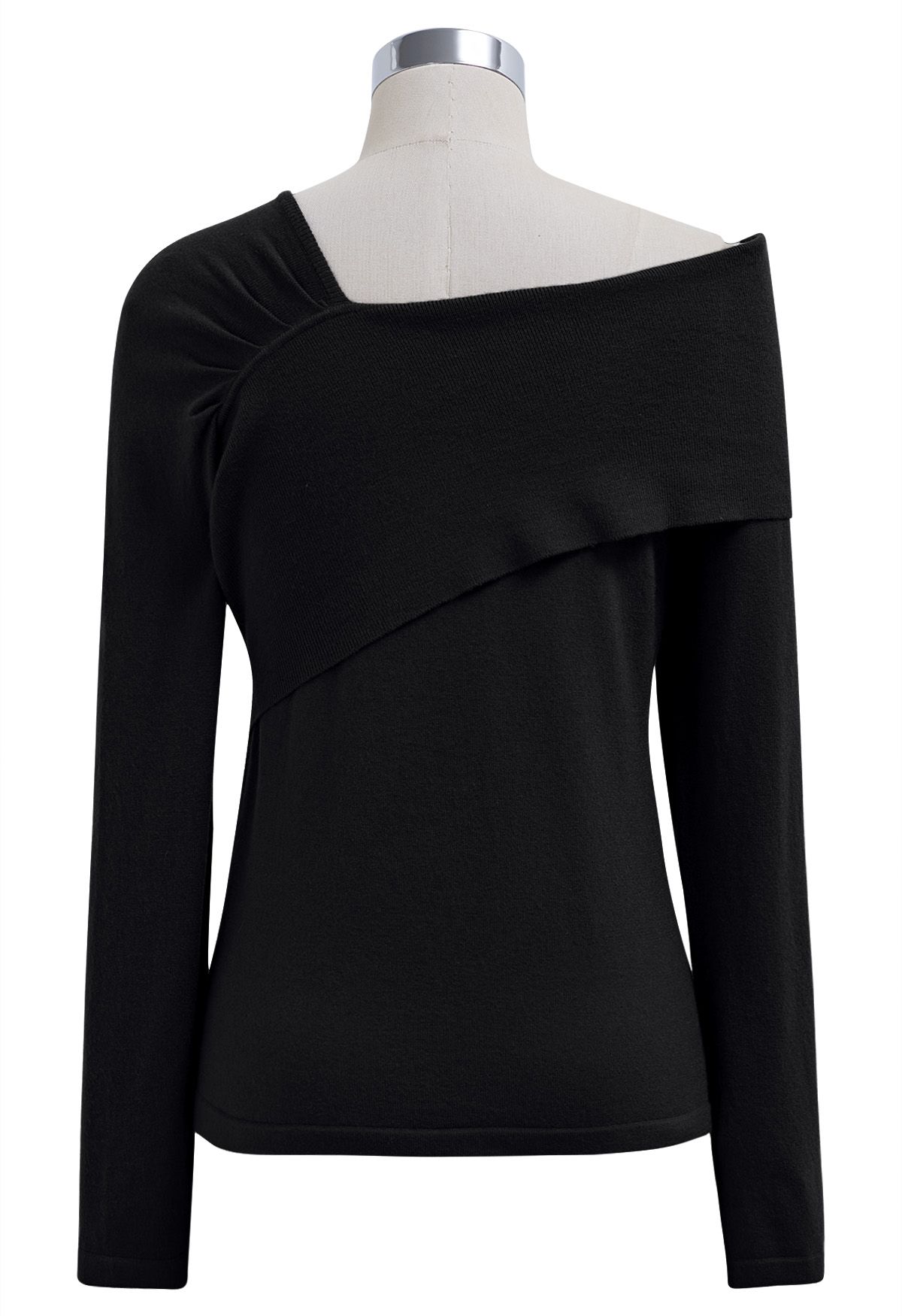 Asymmetric Folded Shoulder Knit Top in Black