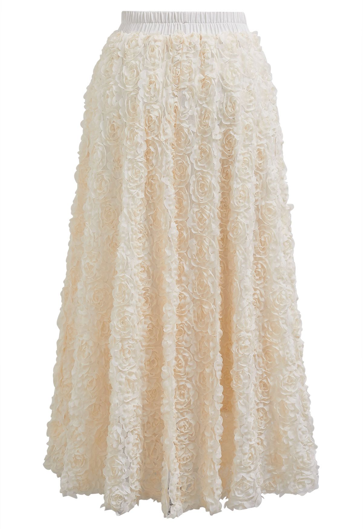 3D Rose Petal Mesh Midi Skirt in Cream