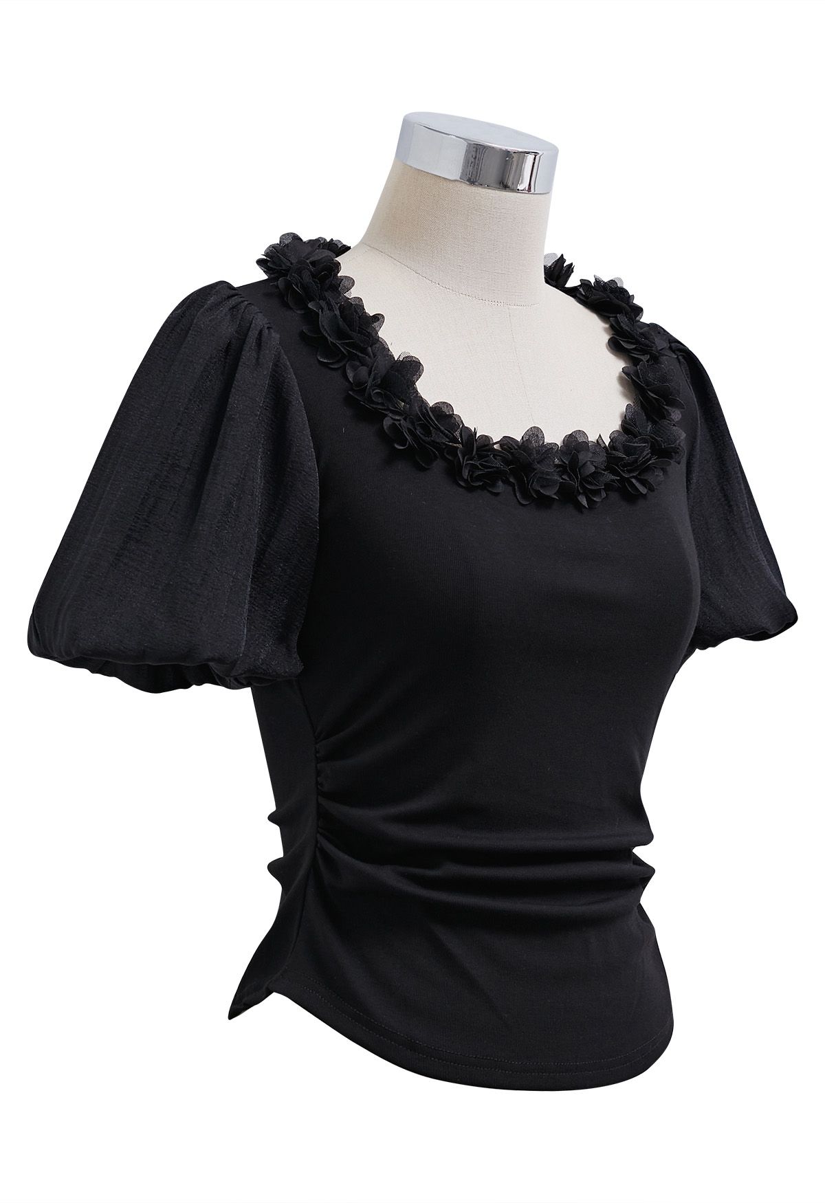 3D Flowers Neckline Bubble Sleeve Ruched Crop Top in Black