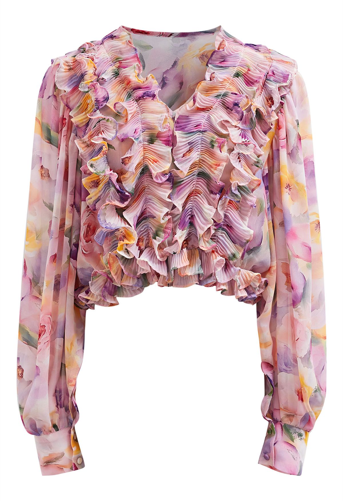 Fluttering Ruffle Floral Chiffon Crop Top