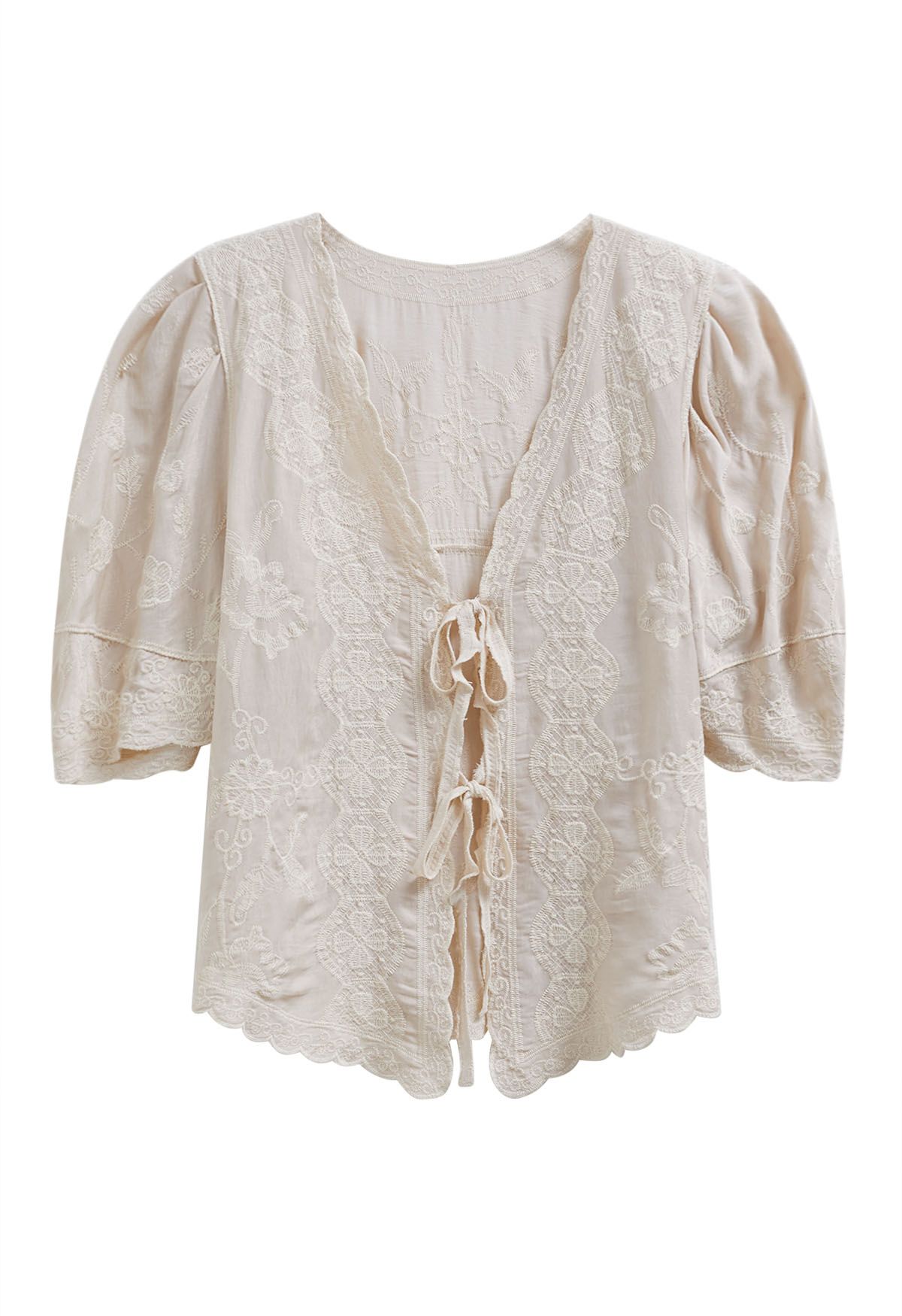 Lace Up Floral Embroidery Cotton Top in Linen