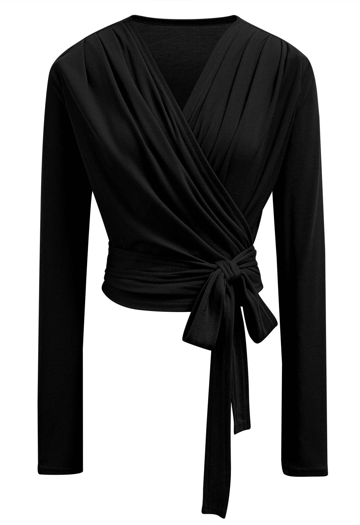 Form Fitting Long Sleeve Wrap Top with Self-Tie