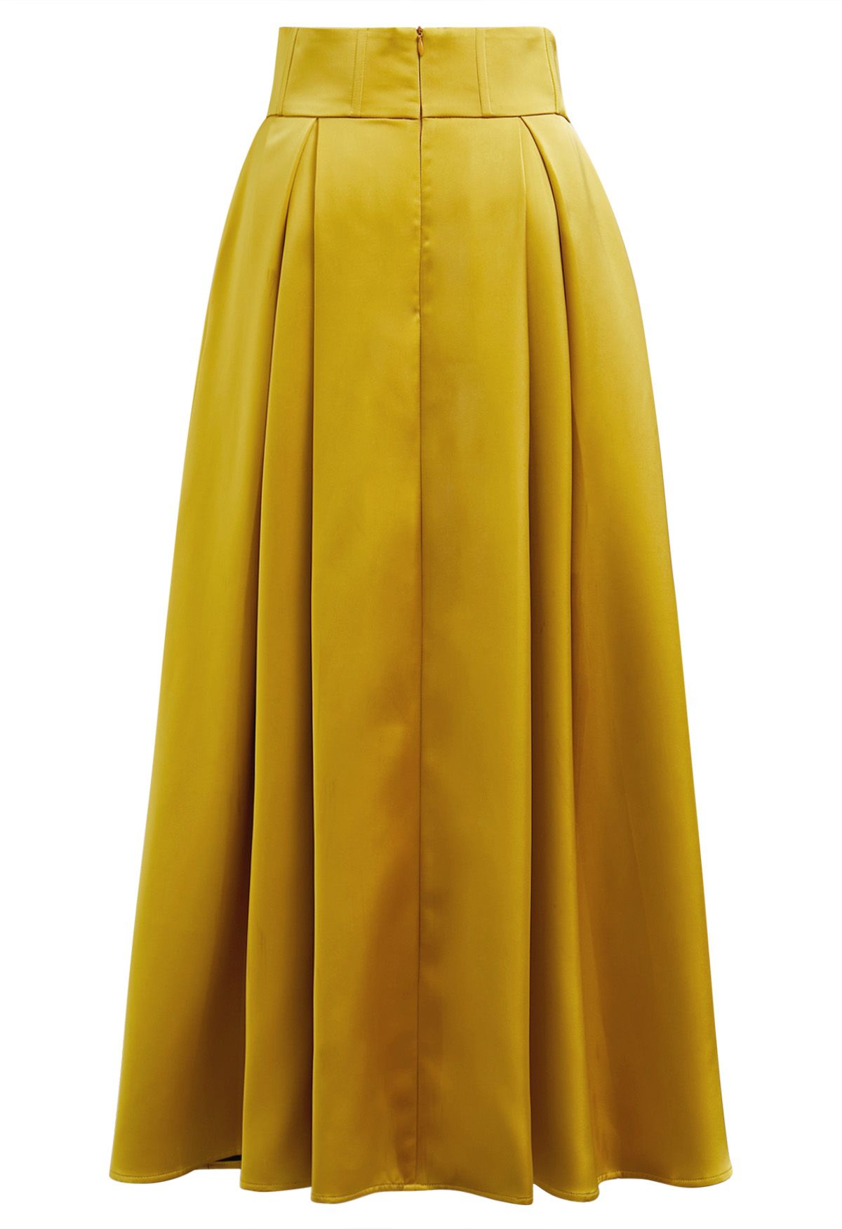 High-Slit Seamed Waist Pleated Satin Maxi Skirt in Yellow