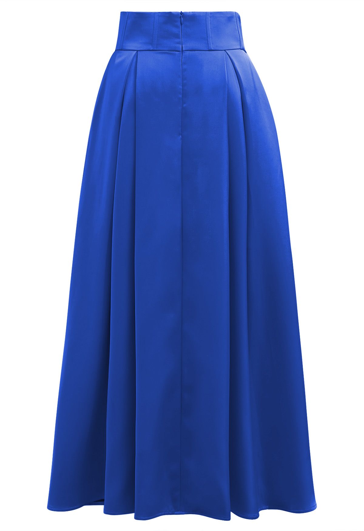 High-Slit Seamed Waist Pleated Satin Maxi Skirt in Indigo