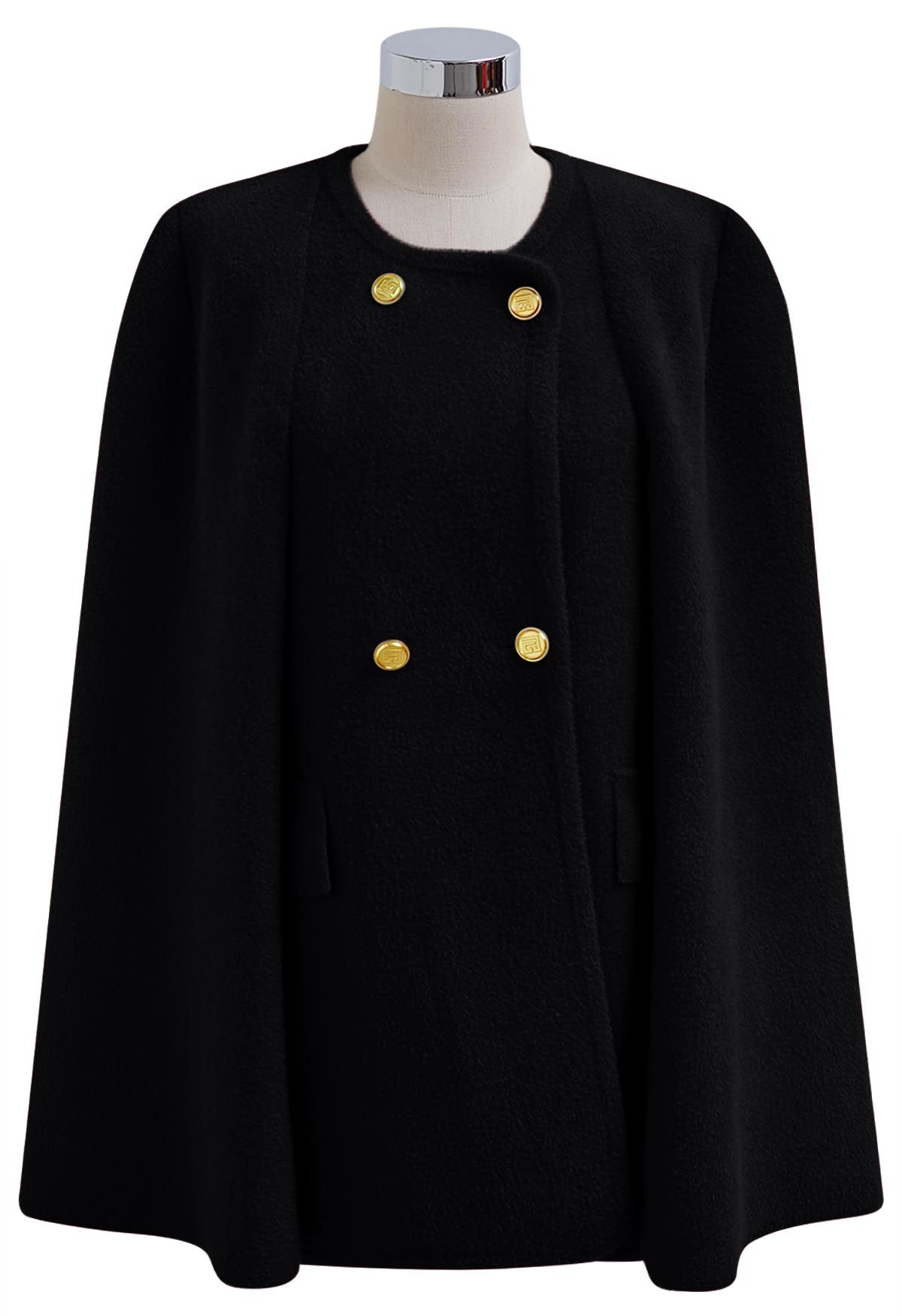 Turtleneck Double-Breasted Twinset Cape Coat in Black