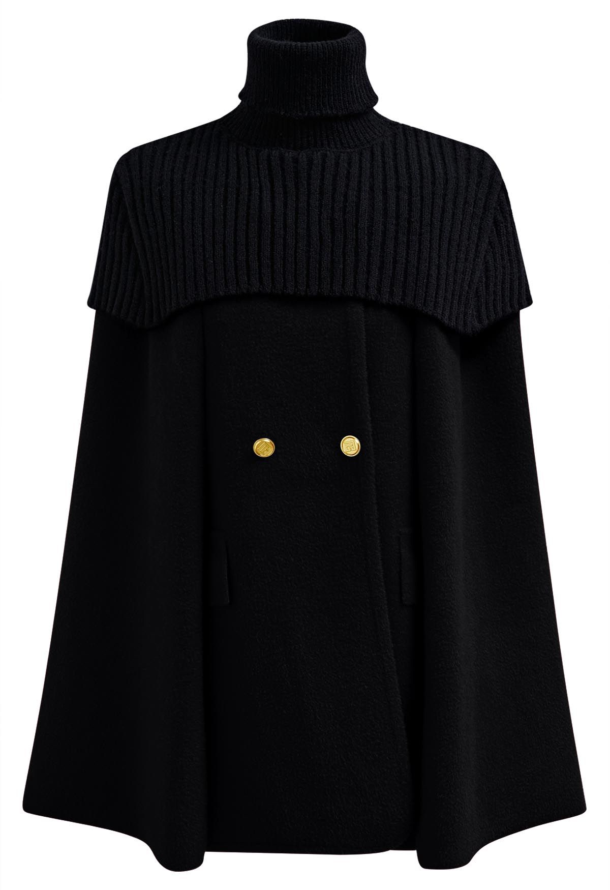 Turtleneck Double-Breasted Twinset Cape Coat in Black