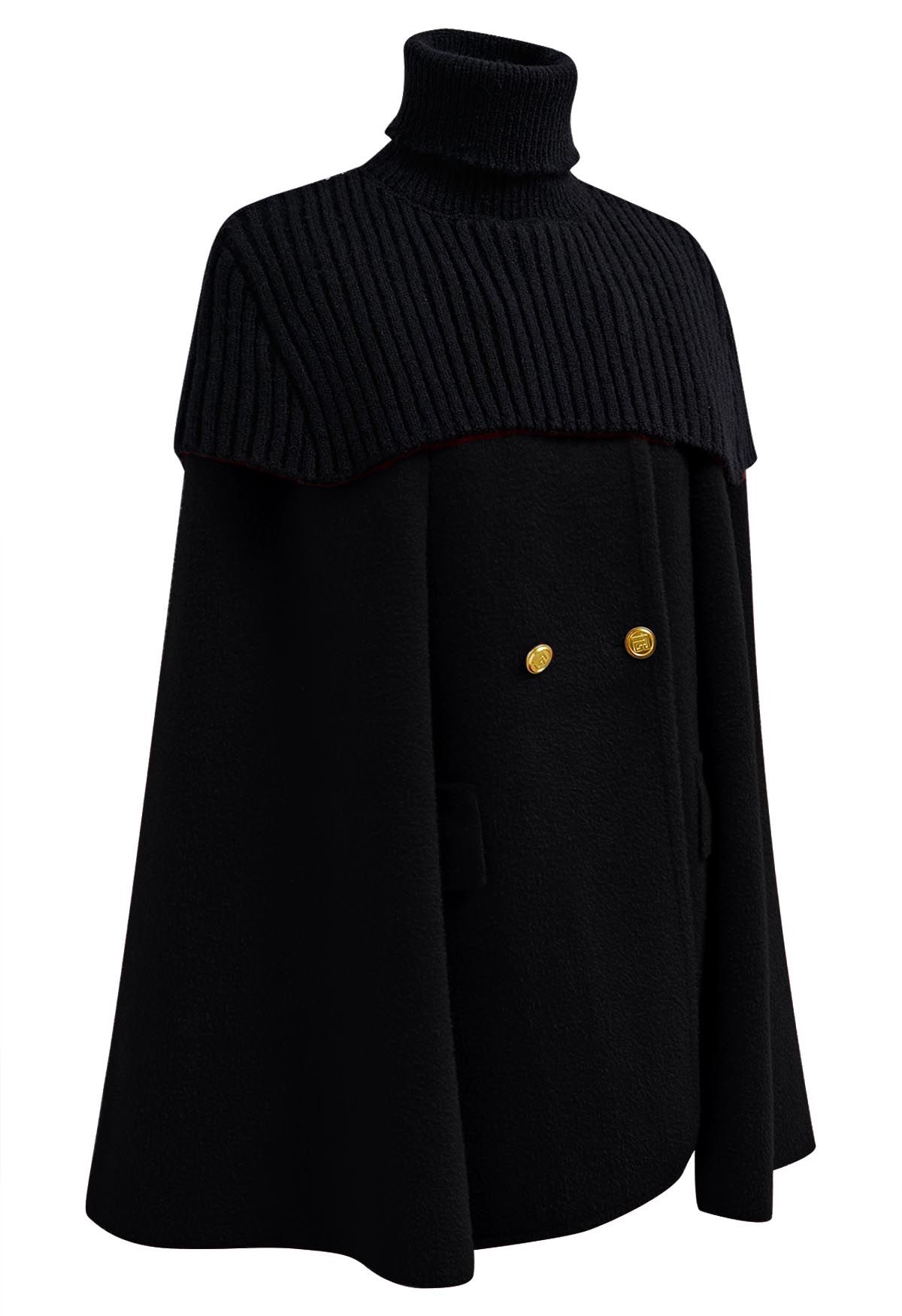 Turtleneck Double-Breasted Twinset Cape Coat in Black