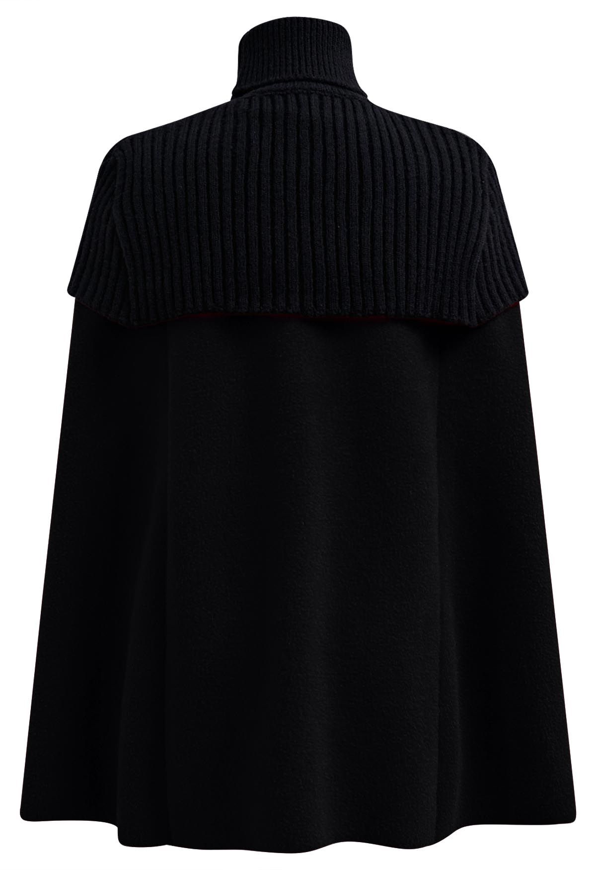 Turtleneck Double-Breasted Twinset Cape Coat in Black