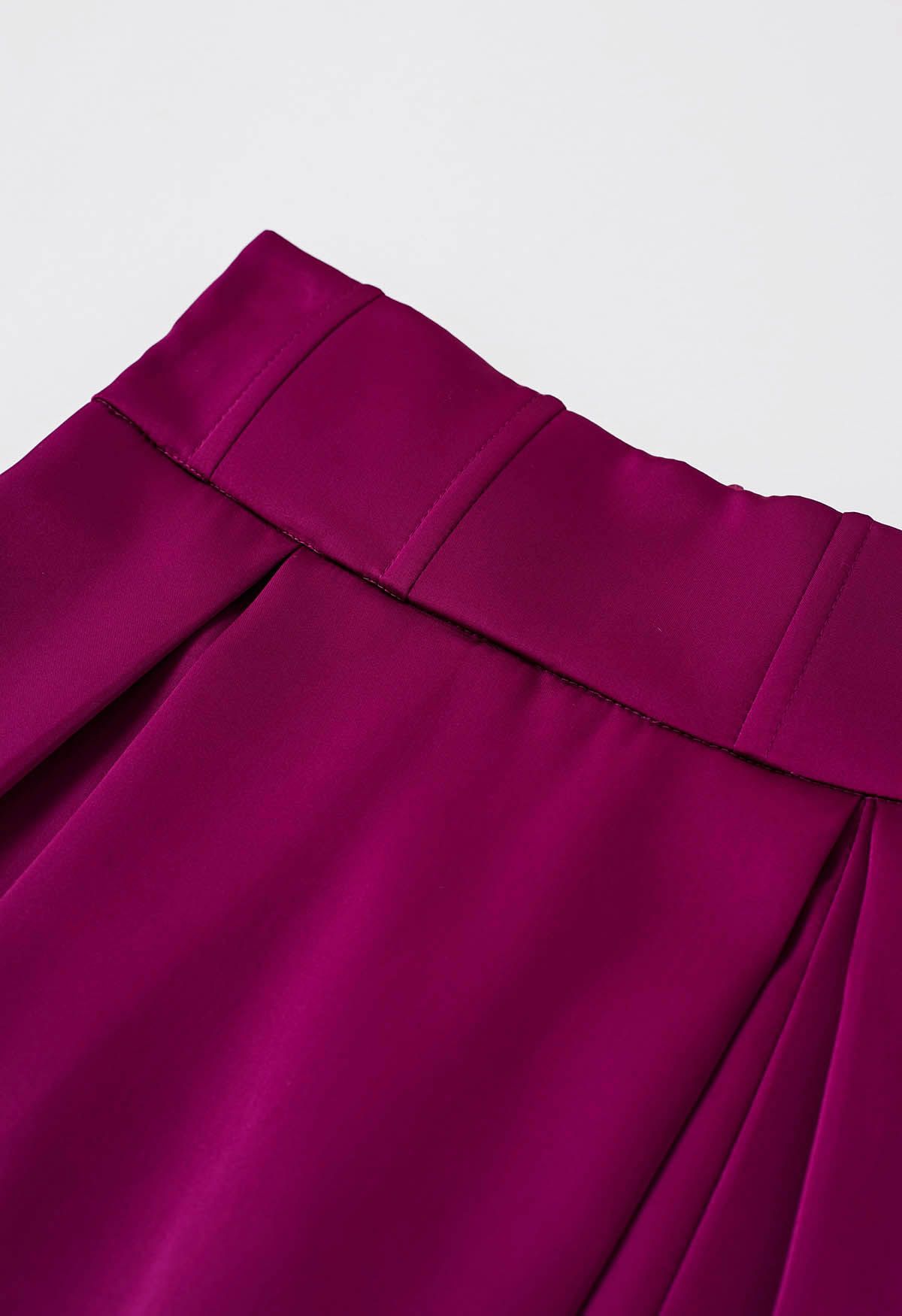 High-Slit Seamed Waist Pleated Satin Maxi Skirt in Magenta