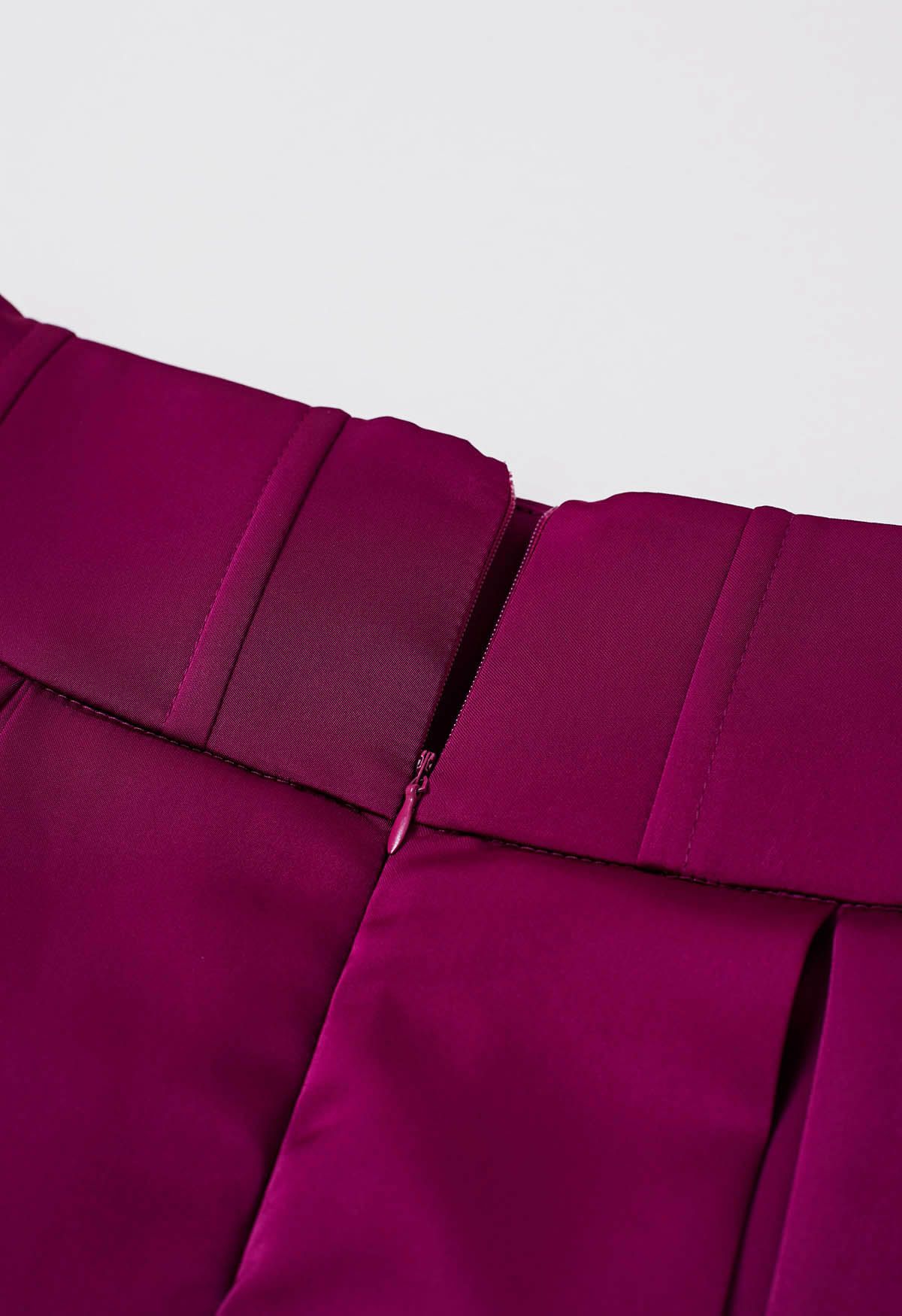 High-Slit Seamed Waist Pleated Satin Maxi Skirt in Magenta