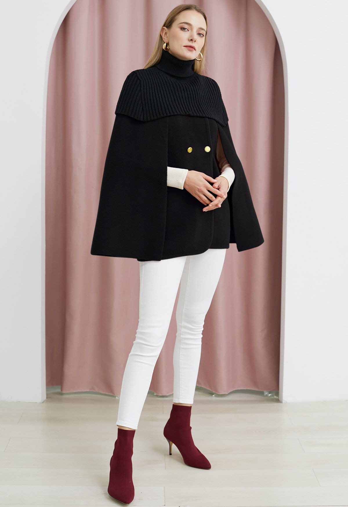 Turtleneck Double-Breasted Twinset Cape Coat in Black