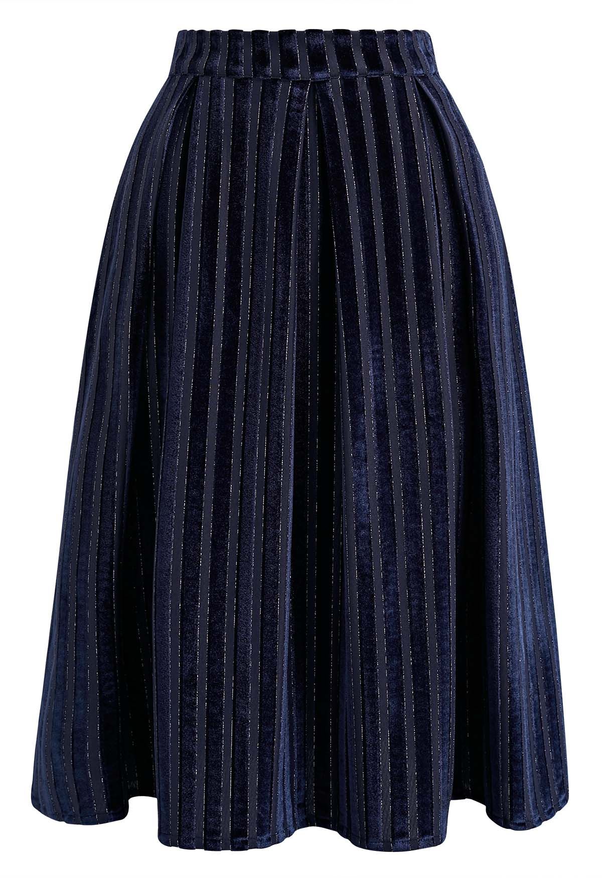 Shimmer Striped Pleated Velvet Midi Skirt in Navy