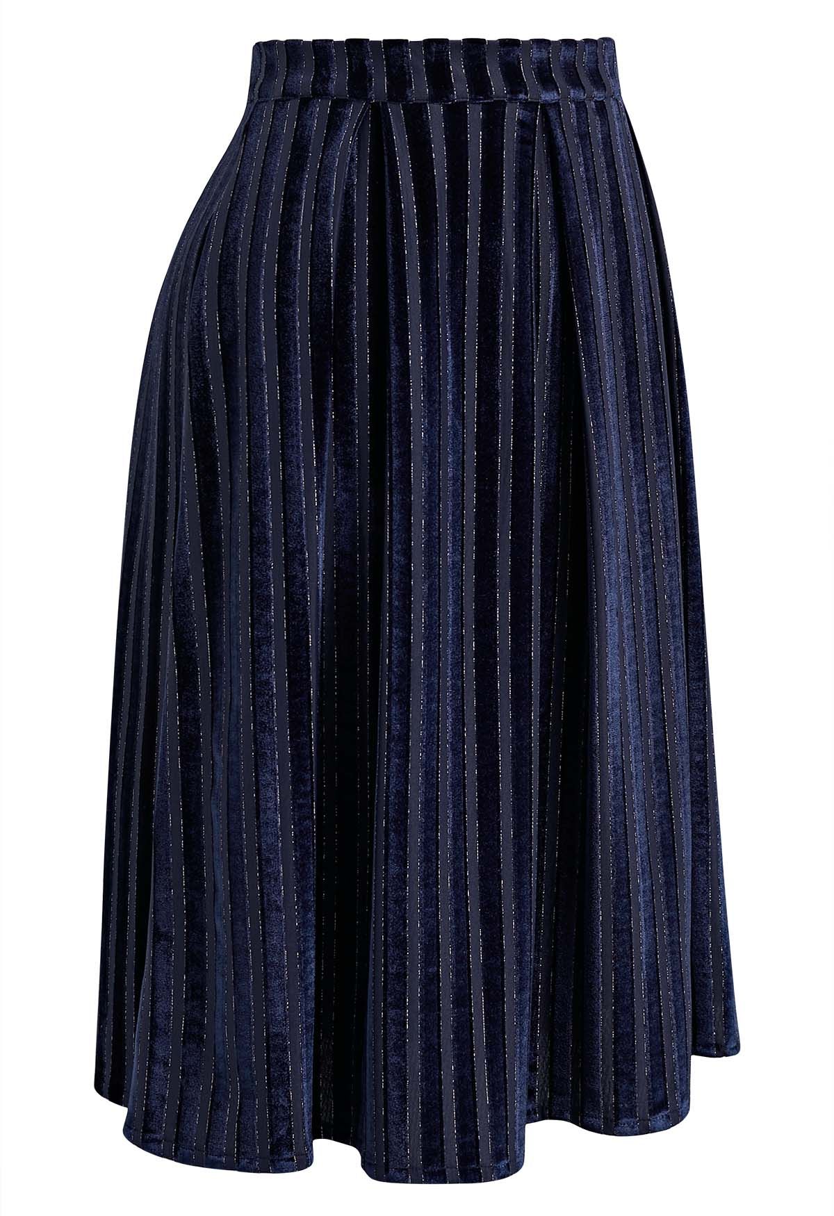 Shimmer Striped Pleated Velvet Midi Skirt in Navy