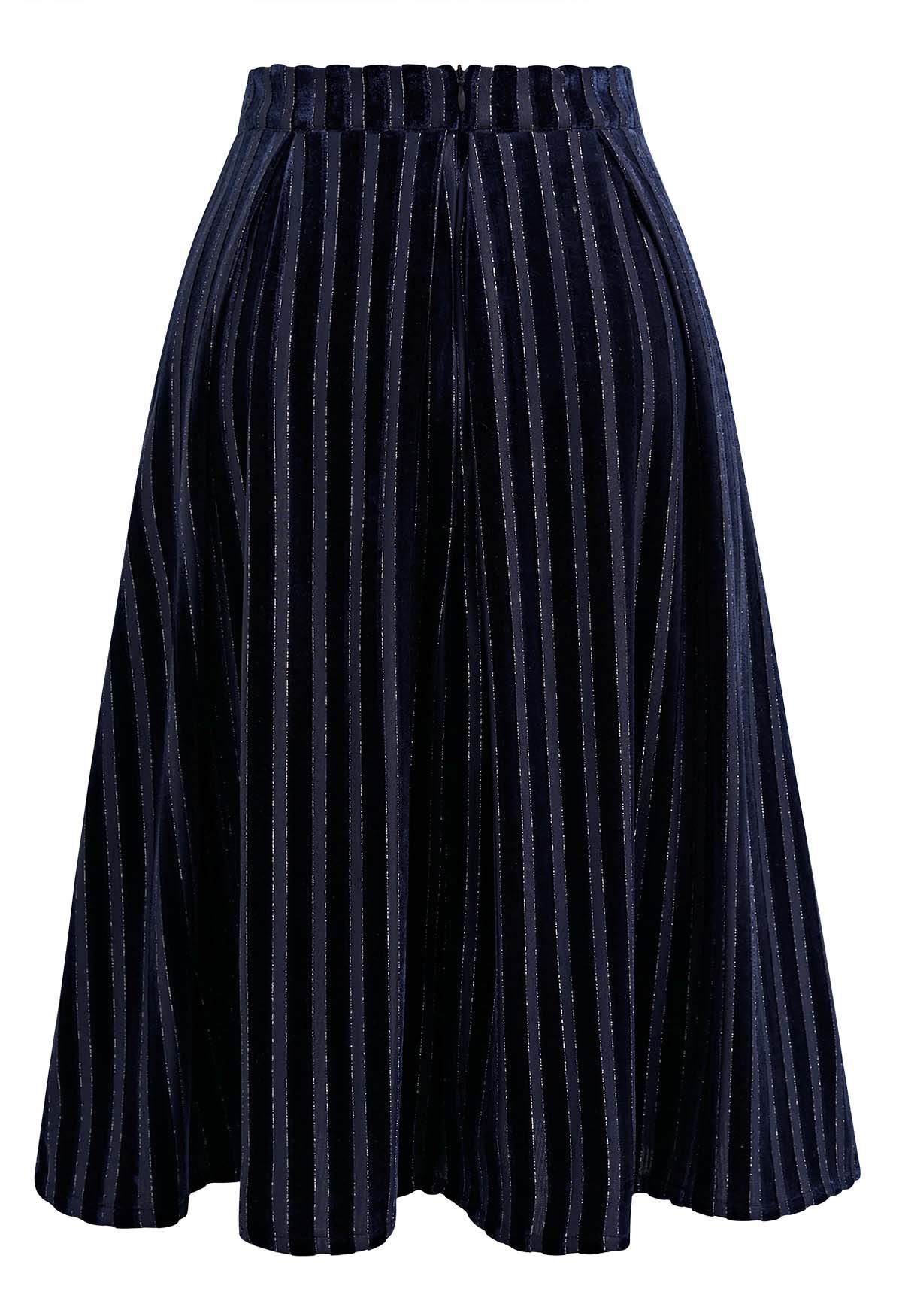 Shimmer Striped Pleated Velvet Midi Skirt in Navy