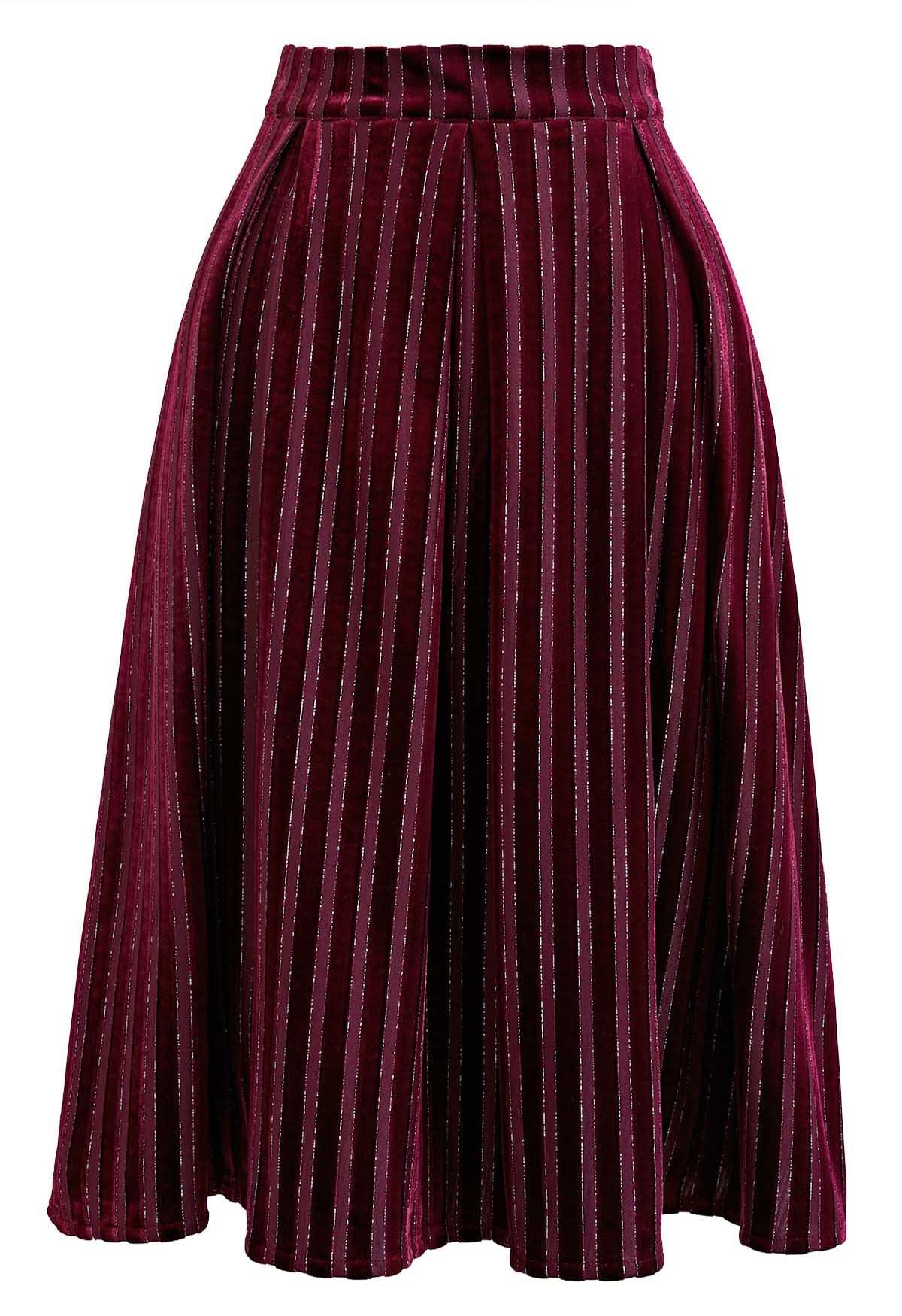 Shimmer Striped Pleated Velvet Midi Skirt in Burgundy