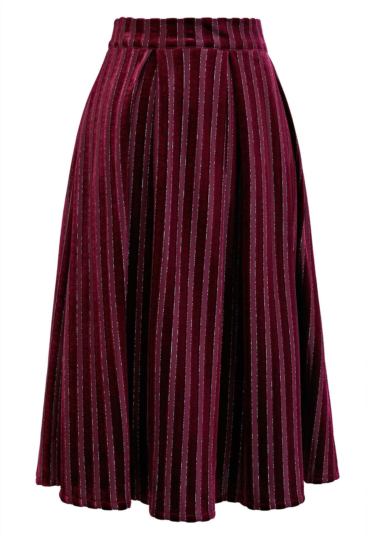 Shimmer Striped Pleated Velvet Midi Skirt in Burgundy