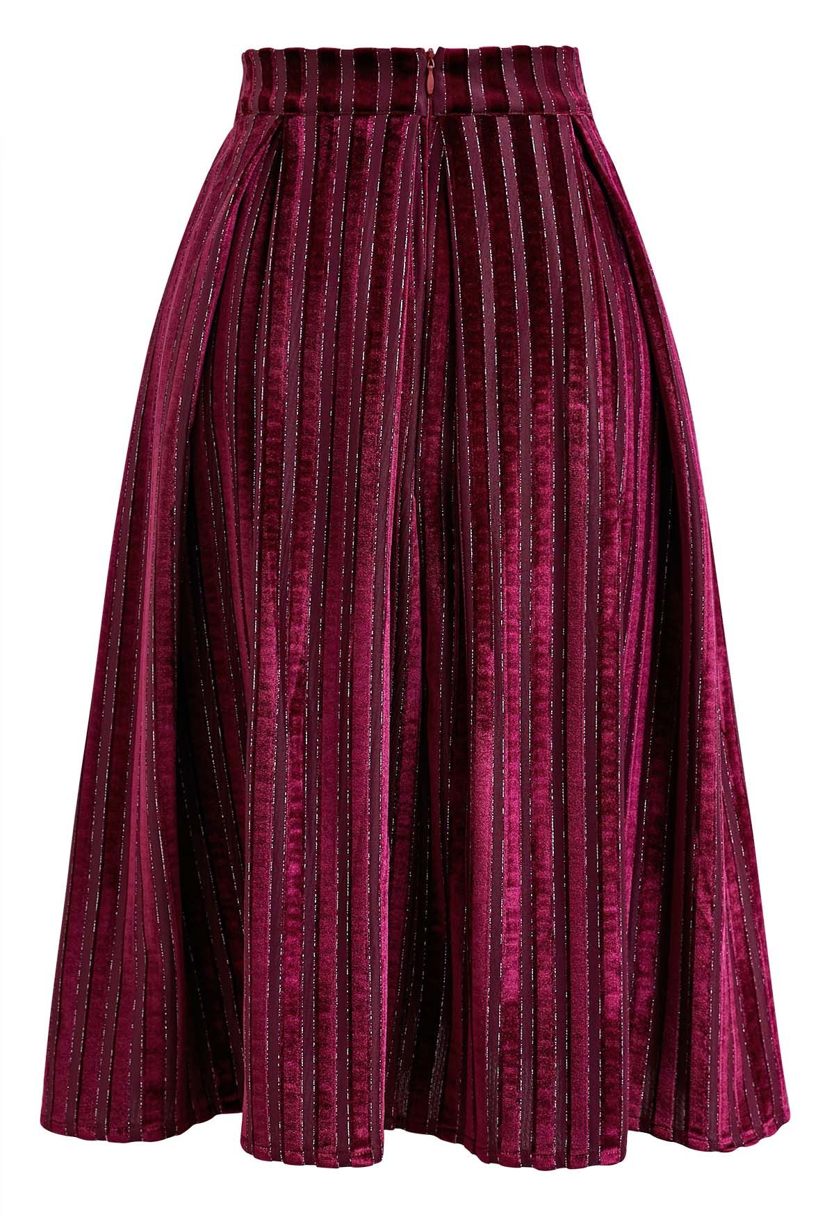 Shimmer Striped Pleated Velvet Midi Skirt in Burgundy