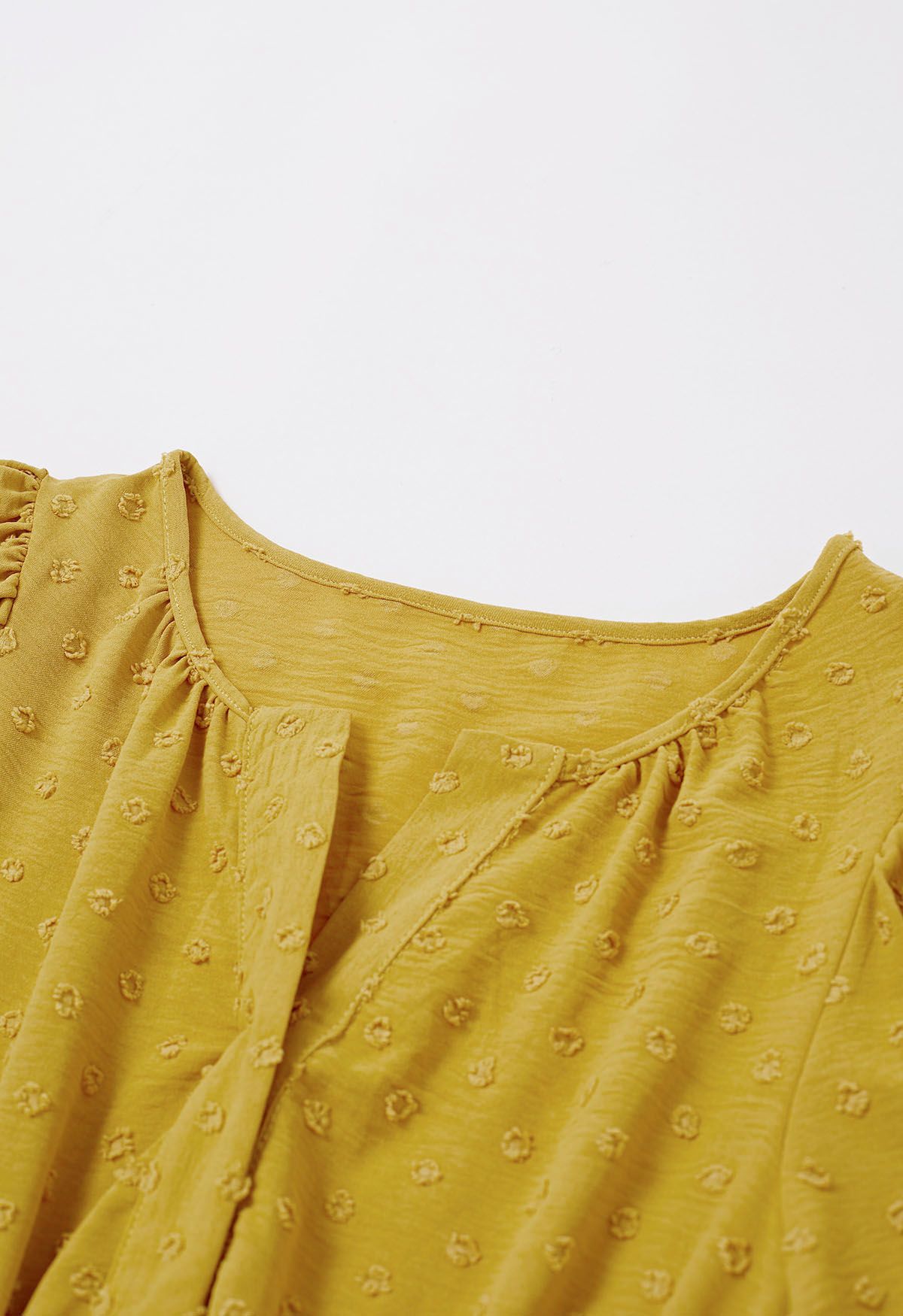 Flock Dot Shirred Waist Frilling Dress in Mustard