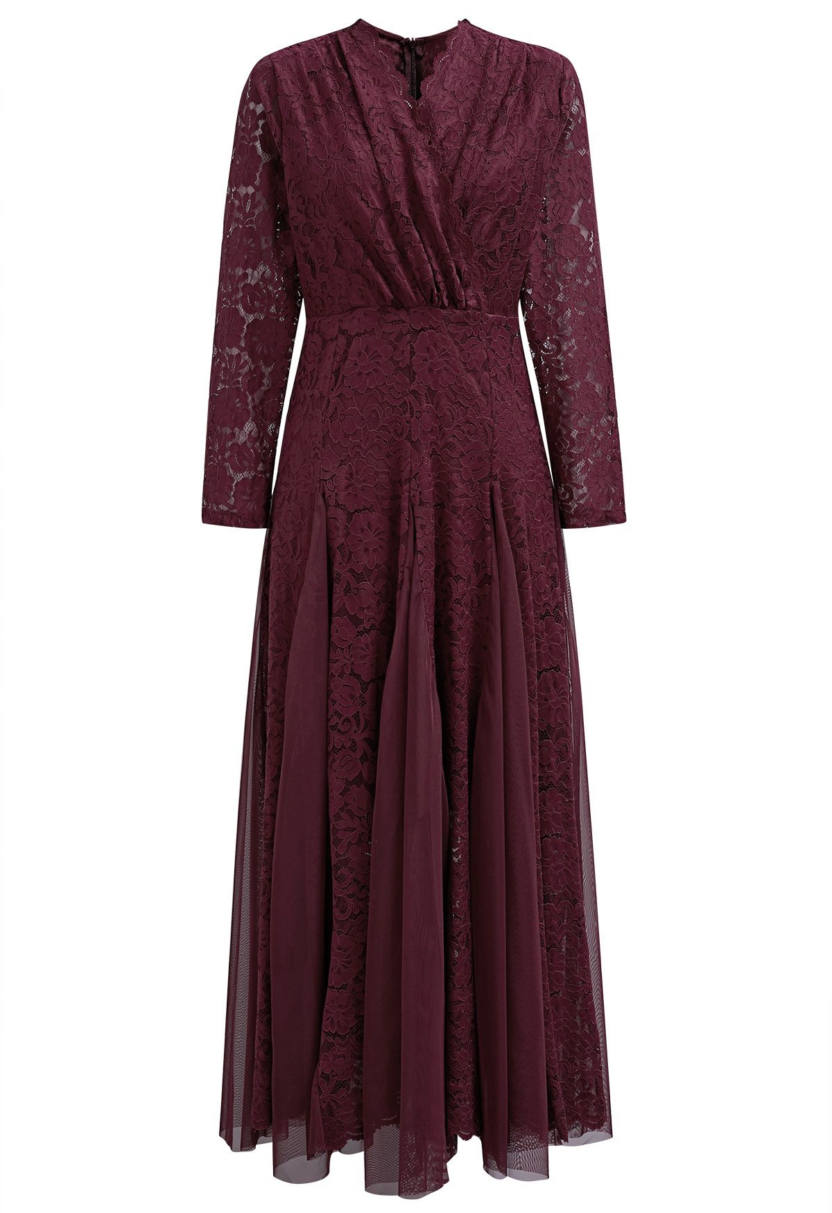 Floral Lace Mesh Panelled Maxi Dress in Burgundy