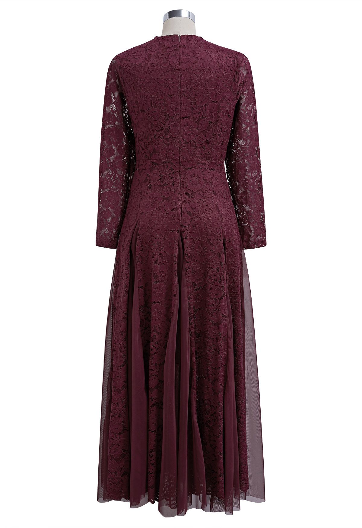 Floral Lace Mesh Panelled Maxi Dress in Burgundy